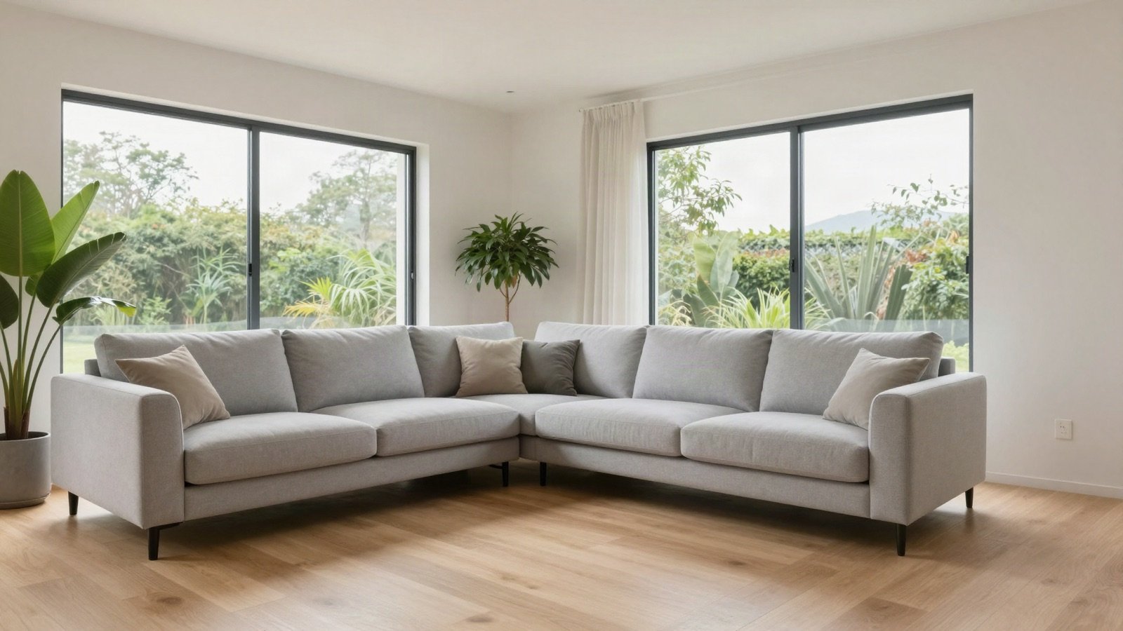Bright living room with a grey corner sofa and garden views