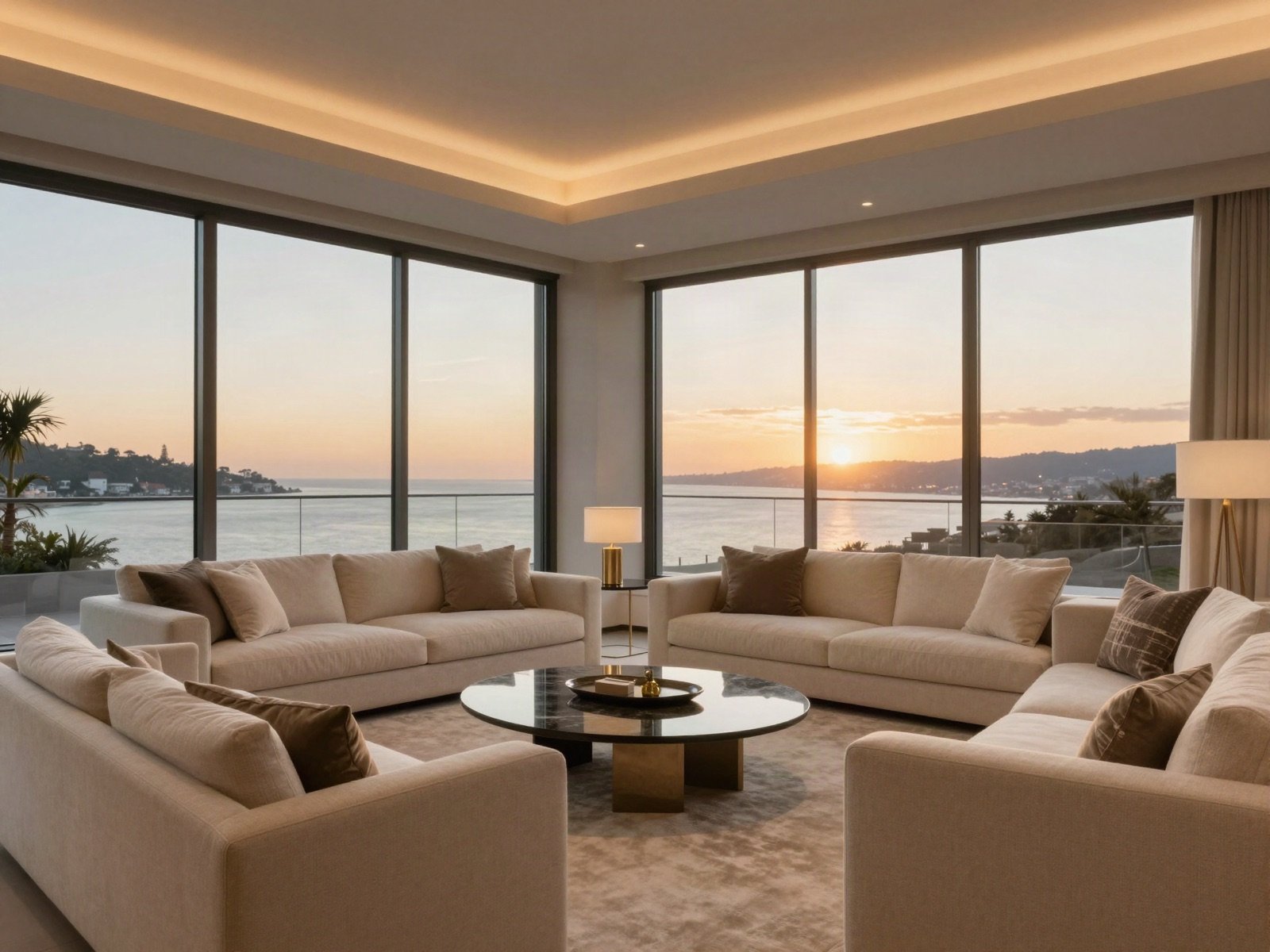 Penthouse living room with floor-to-ceiling windows at sunset