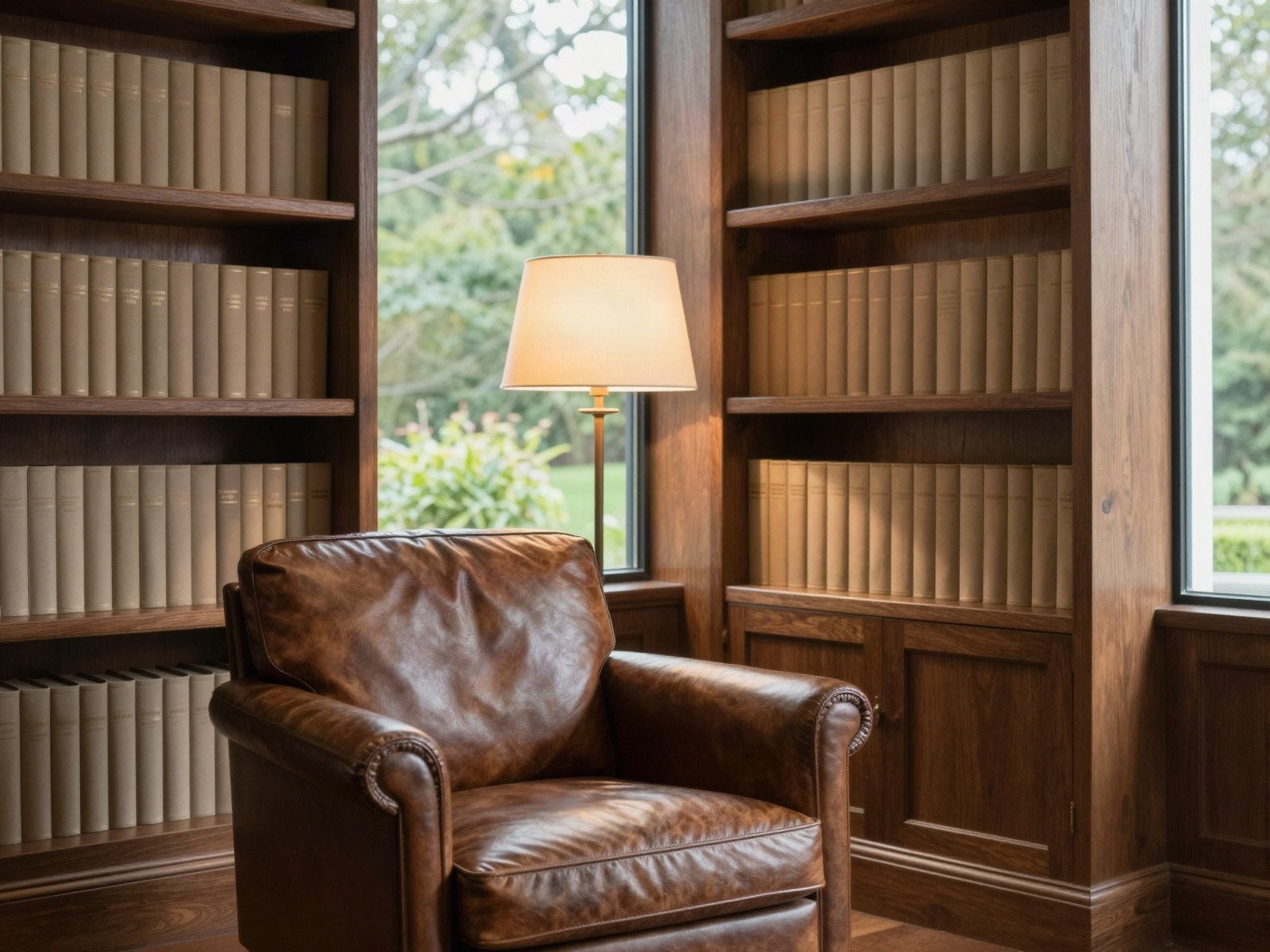 Home library with a leather armchair and wooden bookshelves