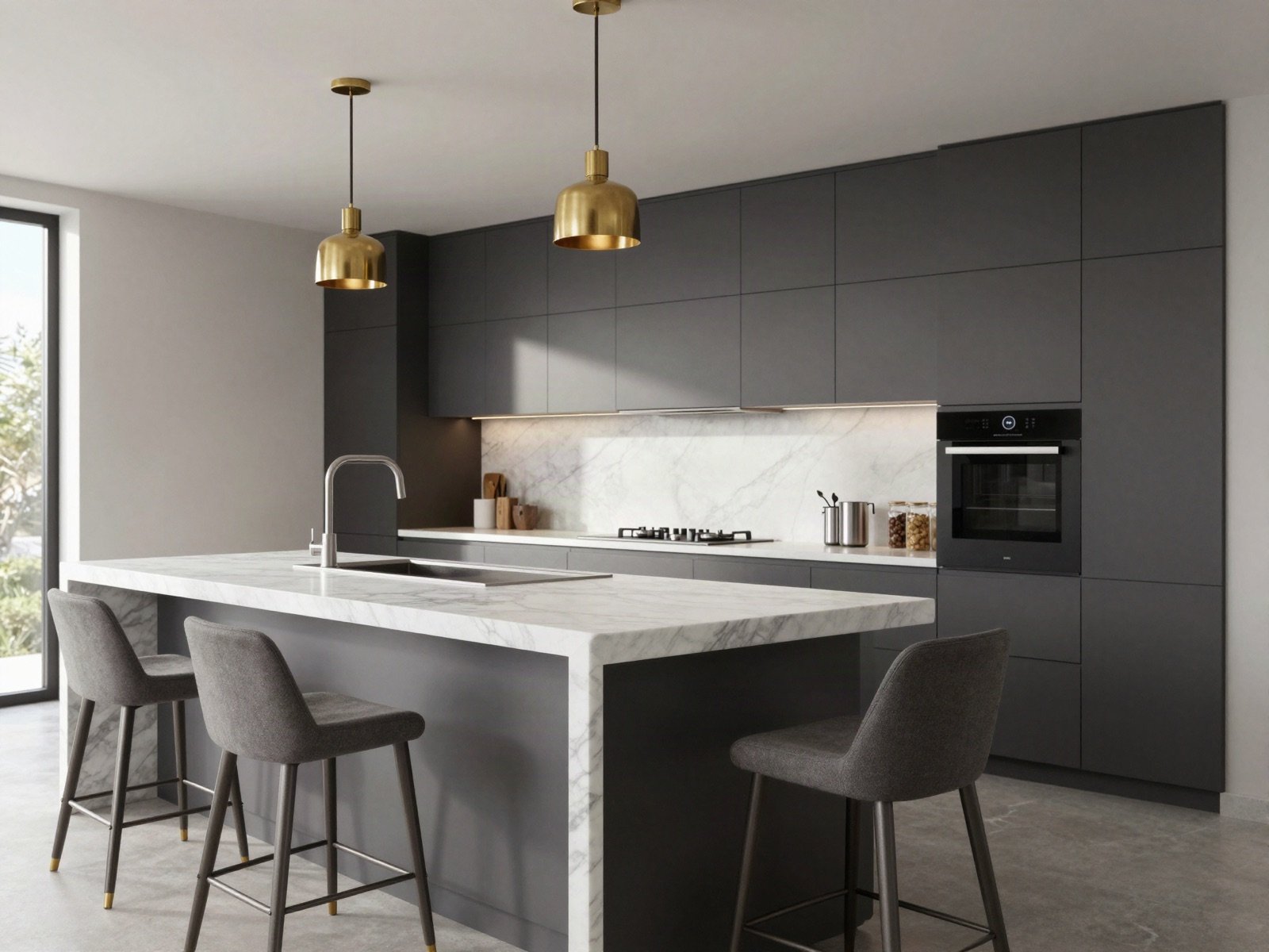 Modern kitchen with a marble island and brass pendant lights