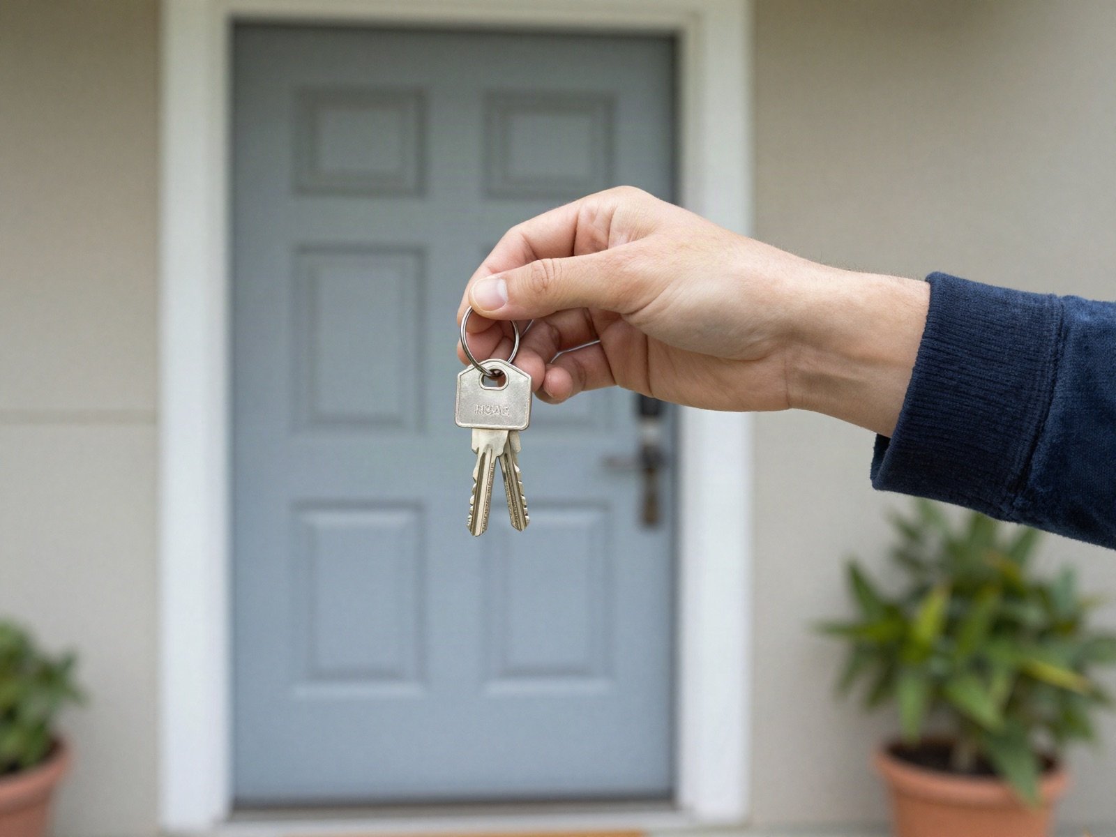 Hand holding house keys in front of a blue front door