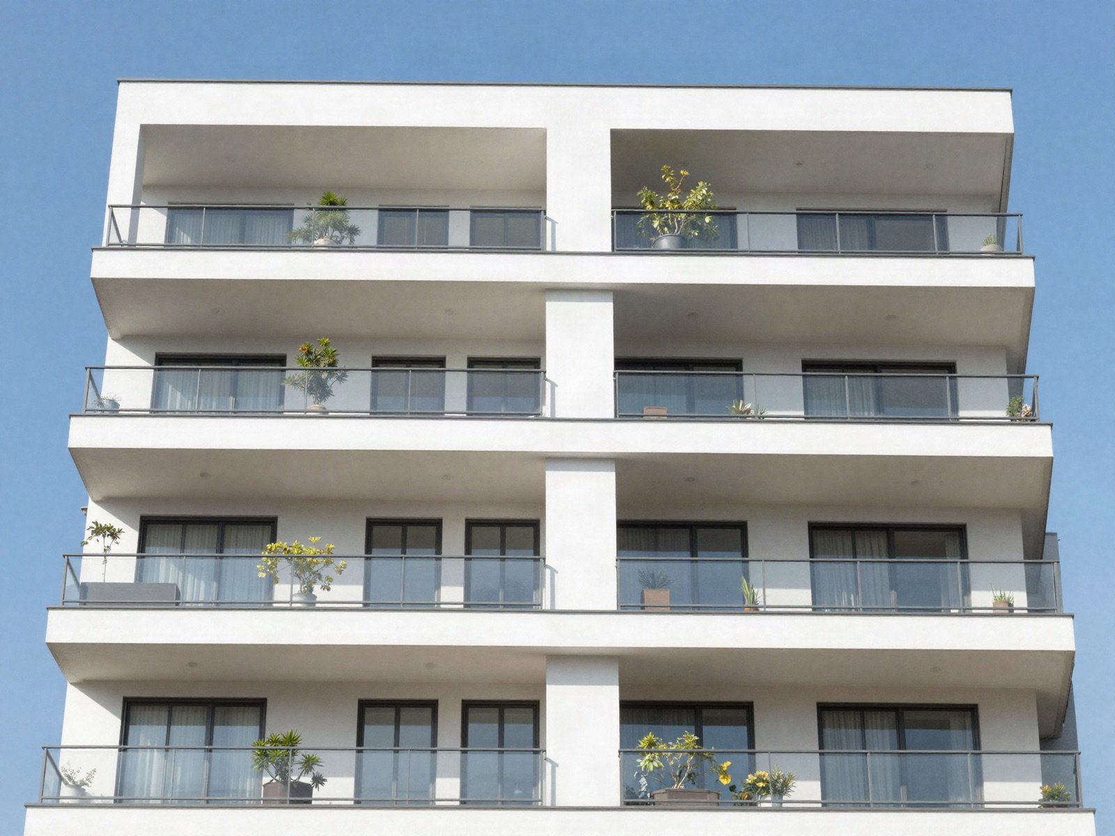 White apartment building with plant-filled balconies