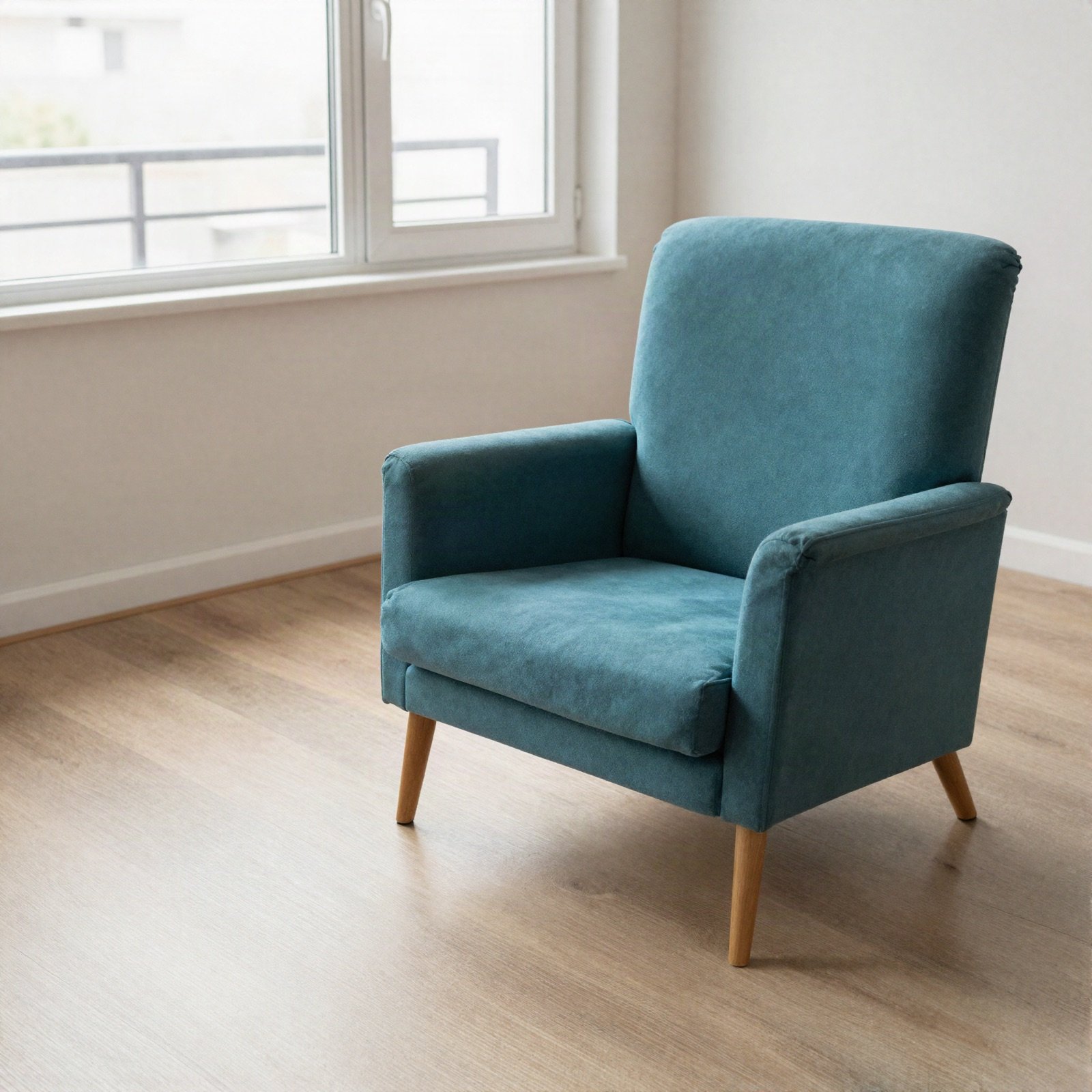 A bright living room with a teal armchair and a large window