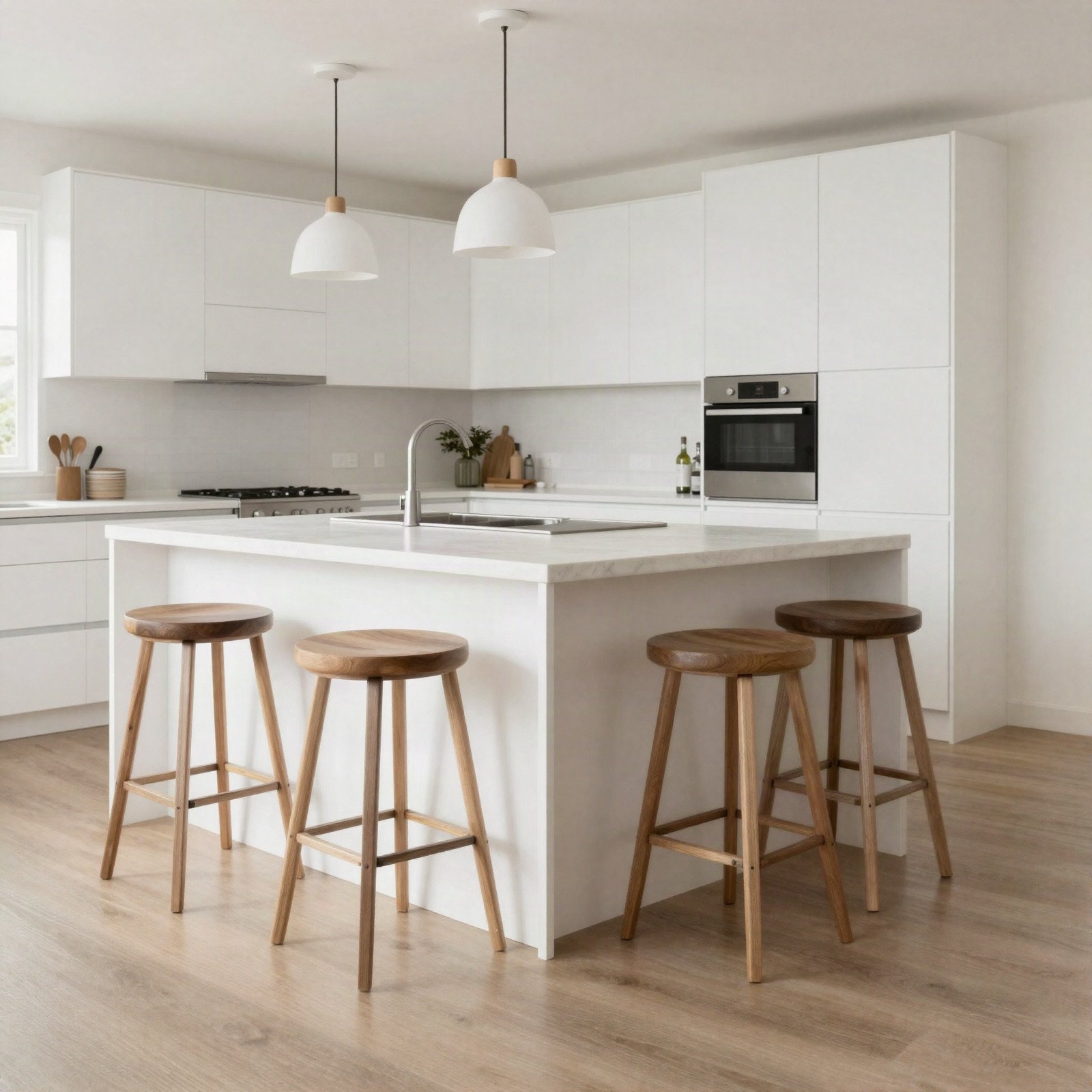 A white kitchen with an island, wooden stools and pendant lights