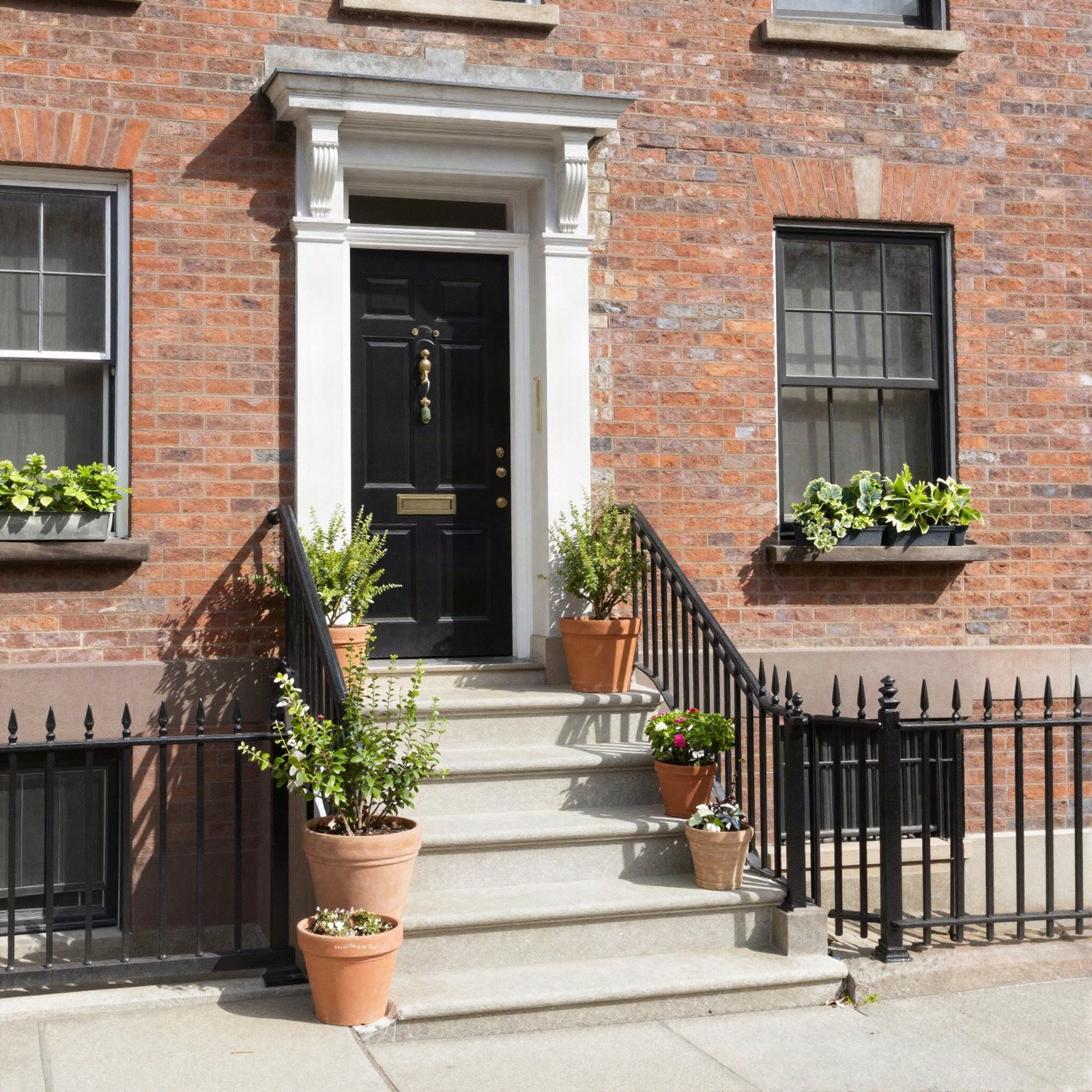 A brick townhouse with a black front door, stone steps and potted plants