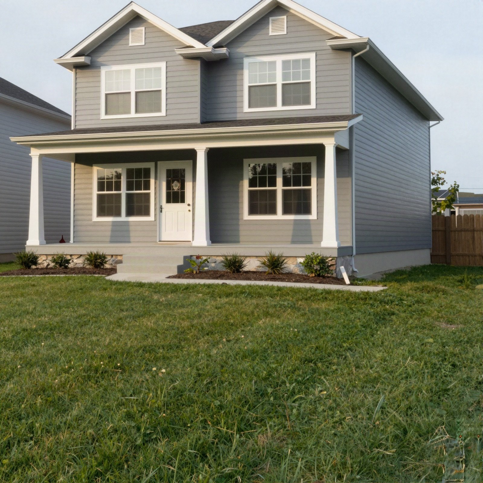 A modern two-storey grey house with a covered front porch and a green lawn