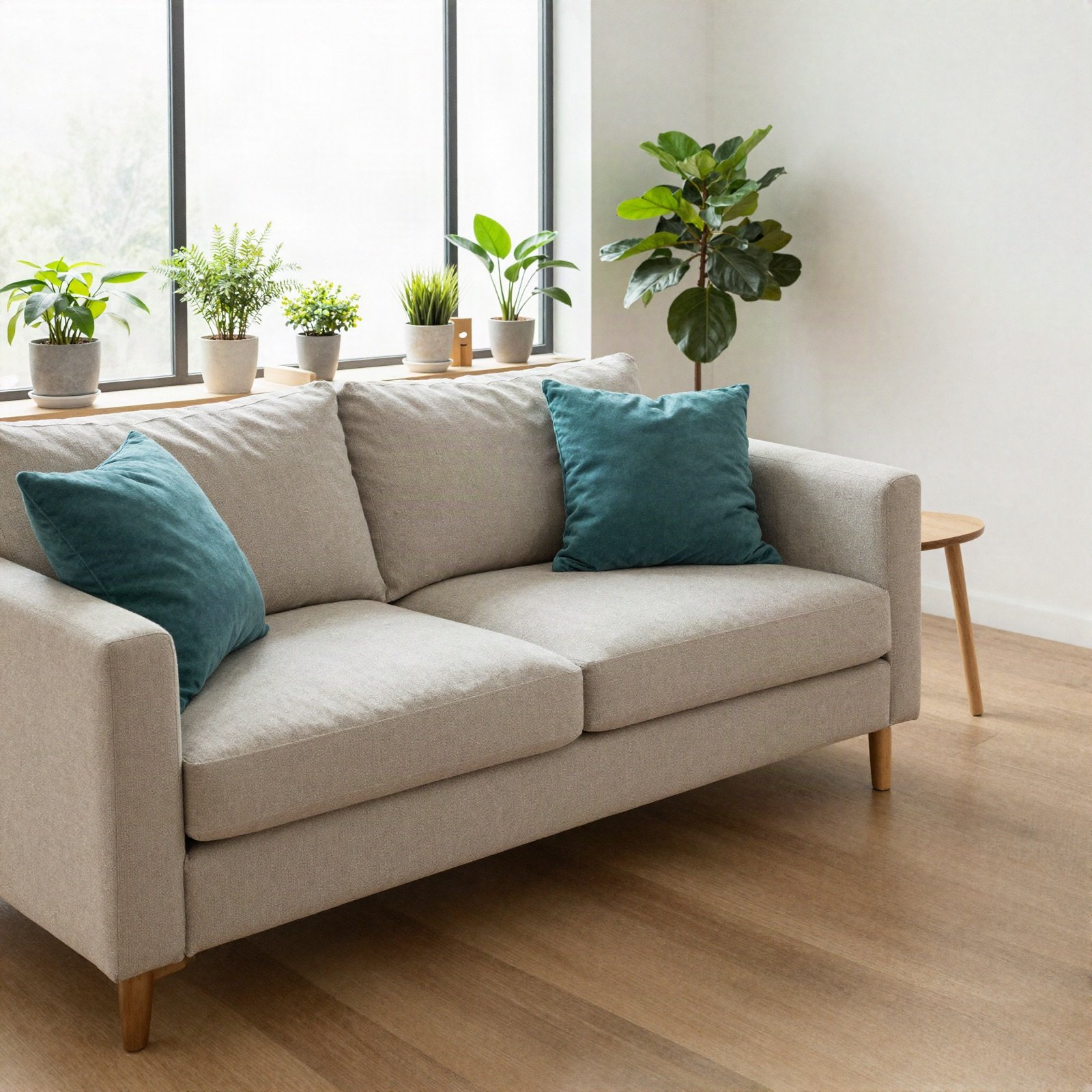 A cosy studio apartment with a linen sofa, teal cushions and plants by the window