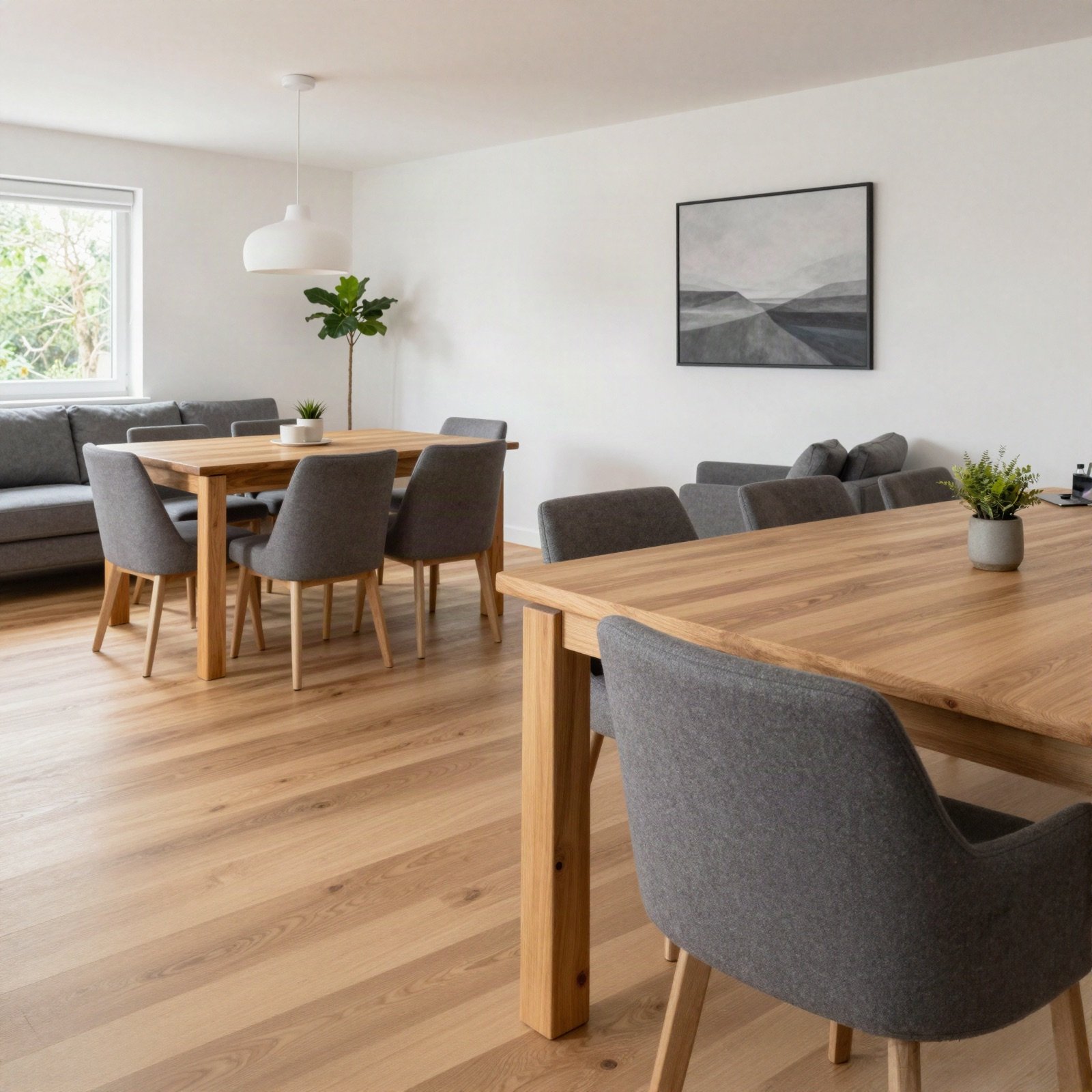 A bright open-plan living and dining room with oak floors and a wooden table