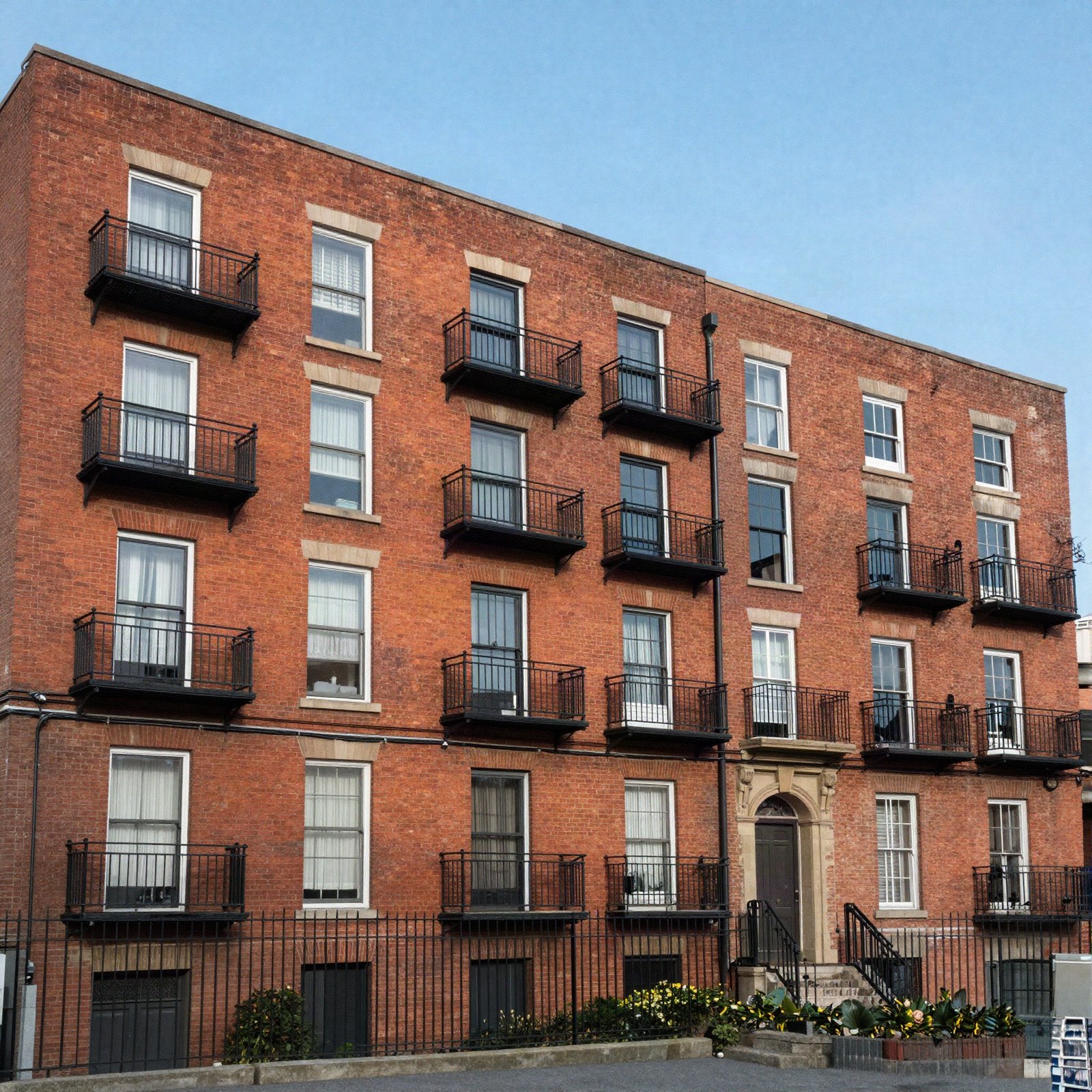 A red brick apartment building with black iron balconies