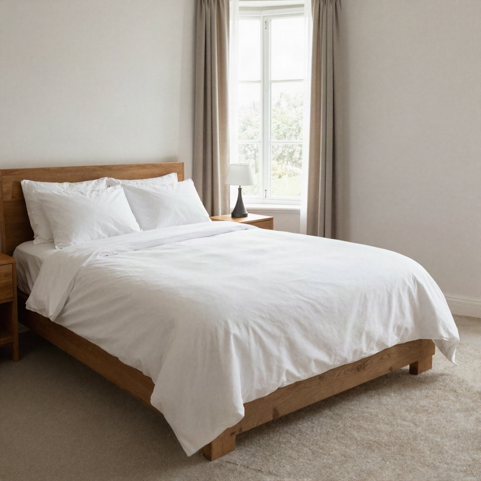 A calm bedroom with white linens and a large window