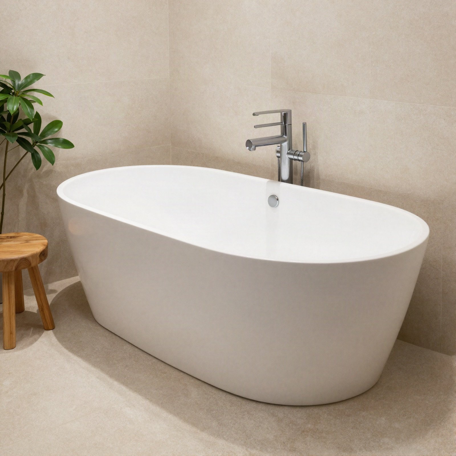 A modern bathroom with a freestanding white bathtub