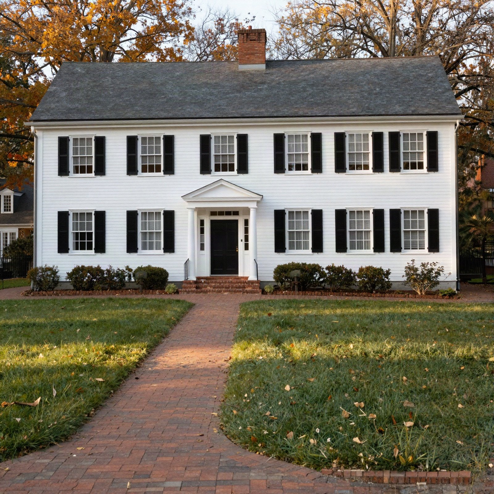 A white colonial style house with black shutters and a brick path