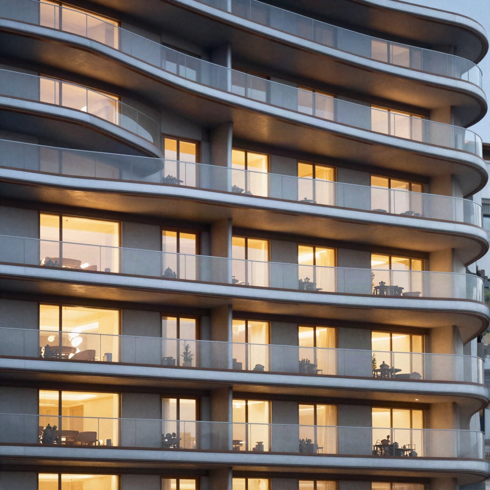 A contemporary residential building with glass balconies at dusk