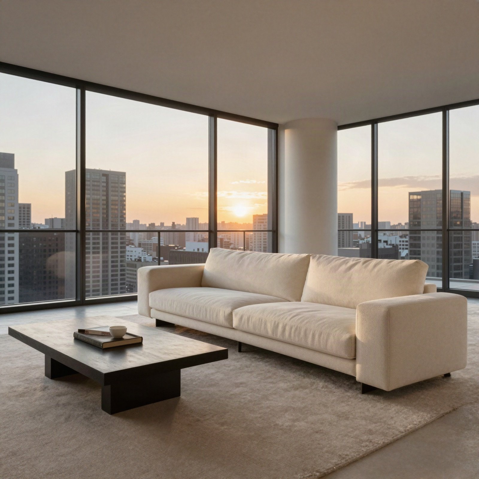 A penthouse living room with floor-to-ceiling windows at sunset