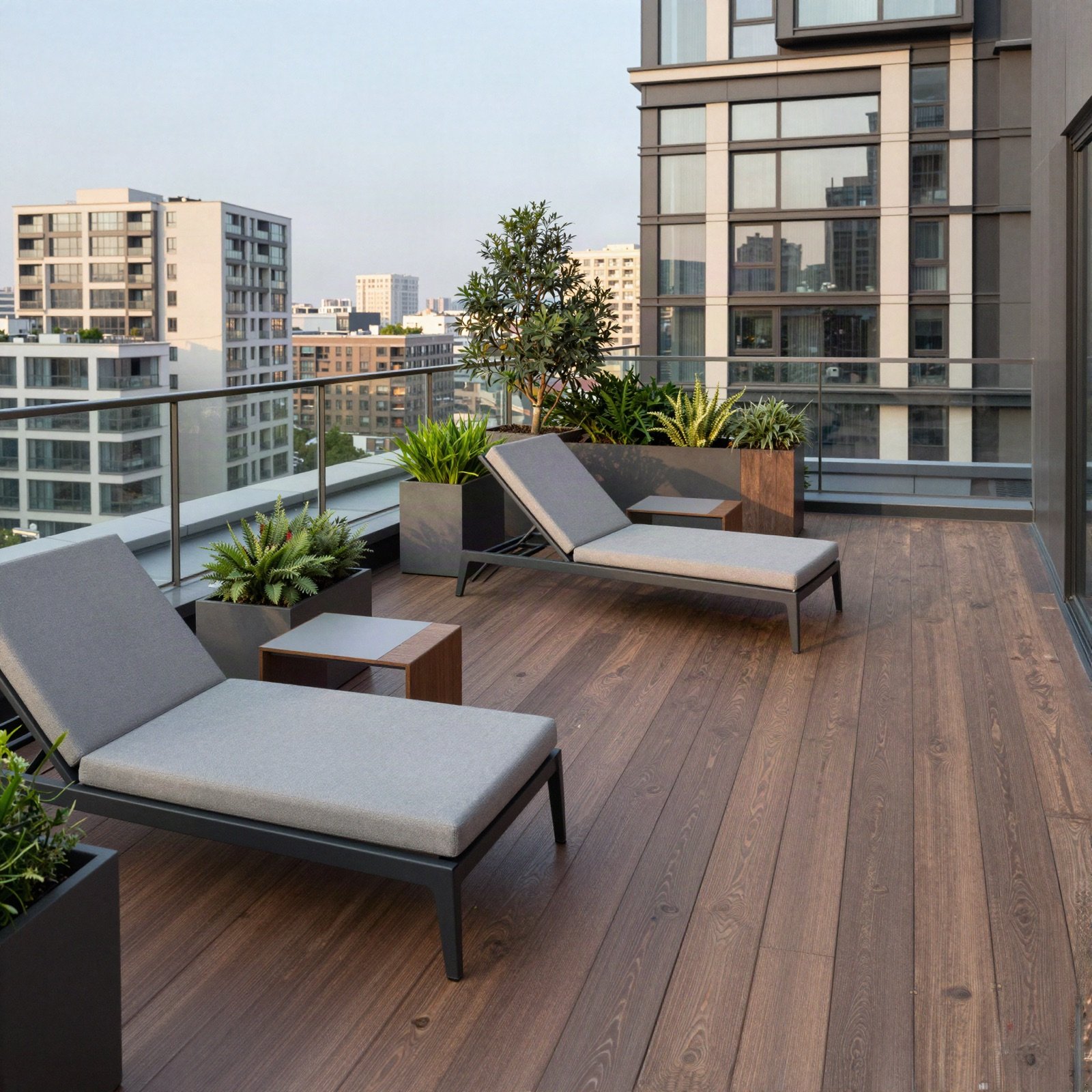 A rooftop terrace with lounge chairs and planters above the city