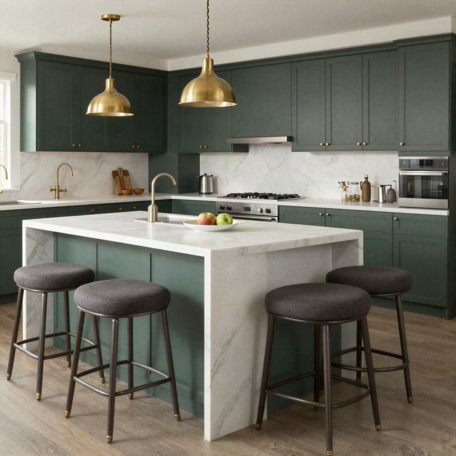 A luxury kitchen with a white marble island and dark green cabinets