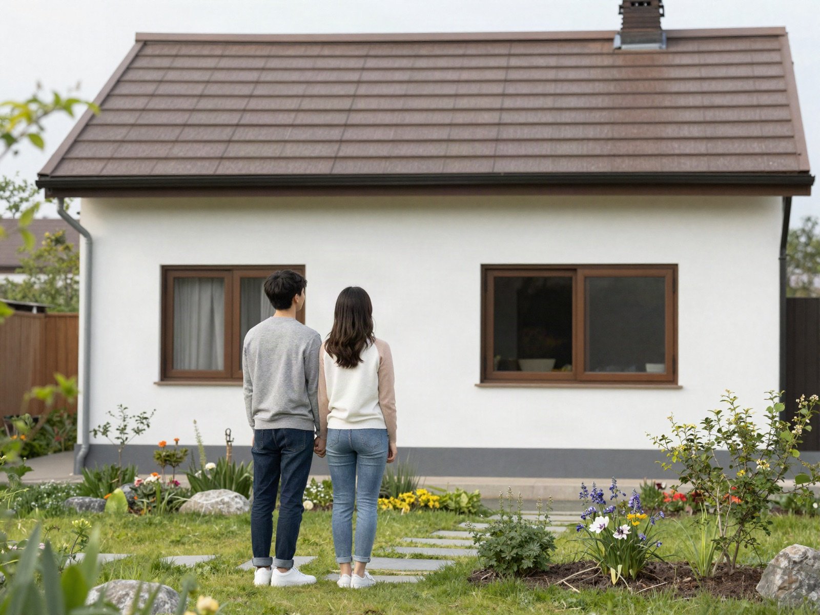 A young couple standing in front of a small house with a garden