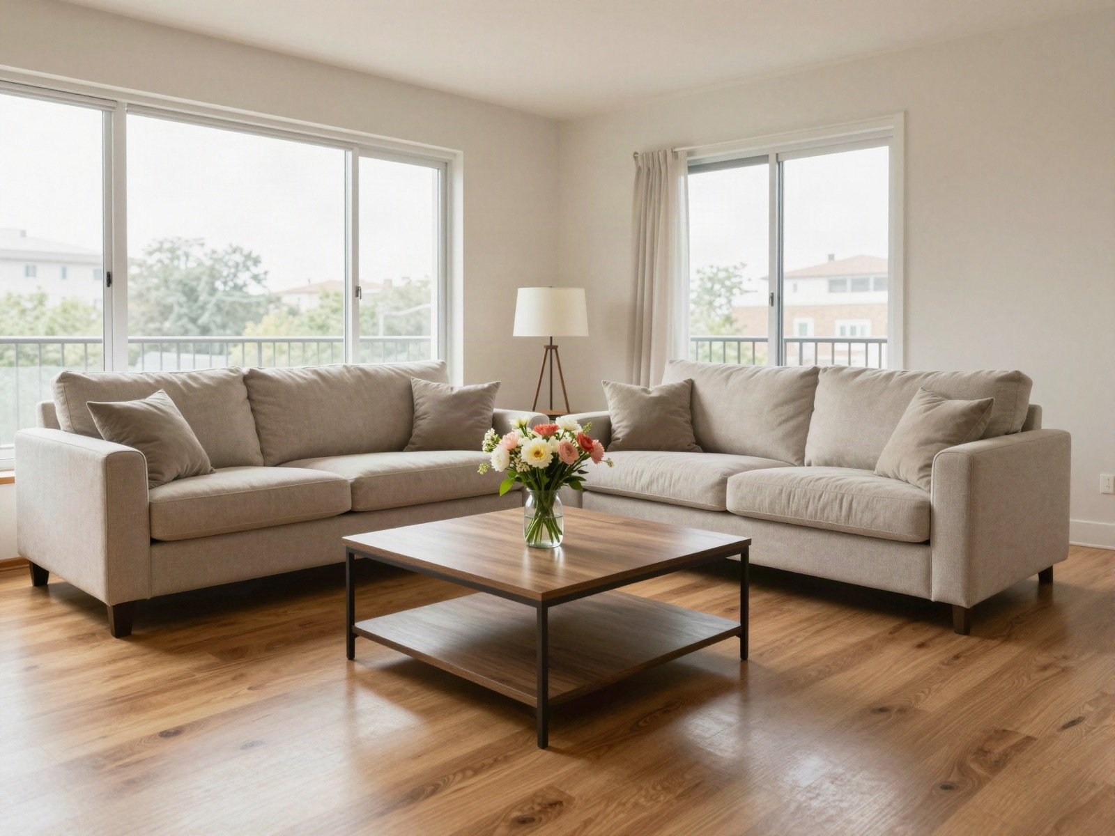 A bright staged apartment living room with flowers on the coffee table