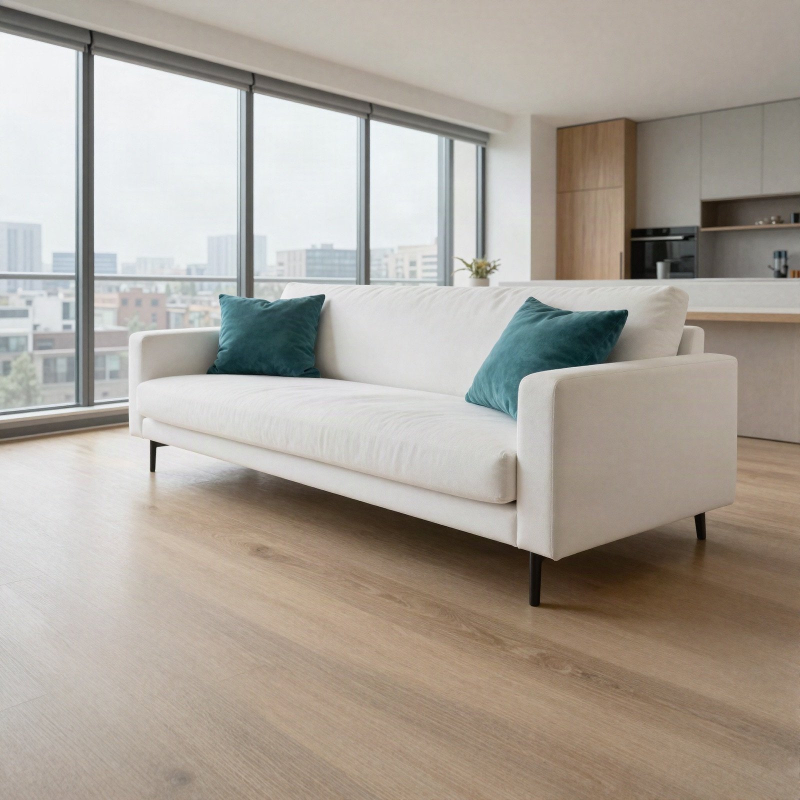 A modern apartment living area with a white sofa and teal cushions by tall city-view windows