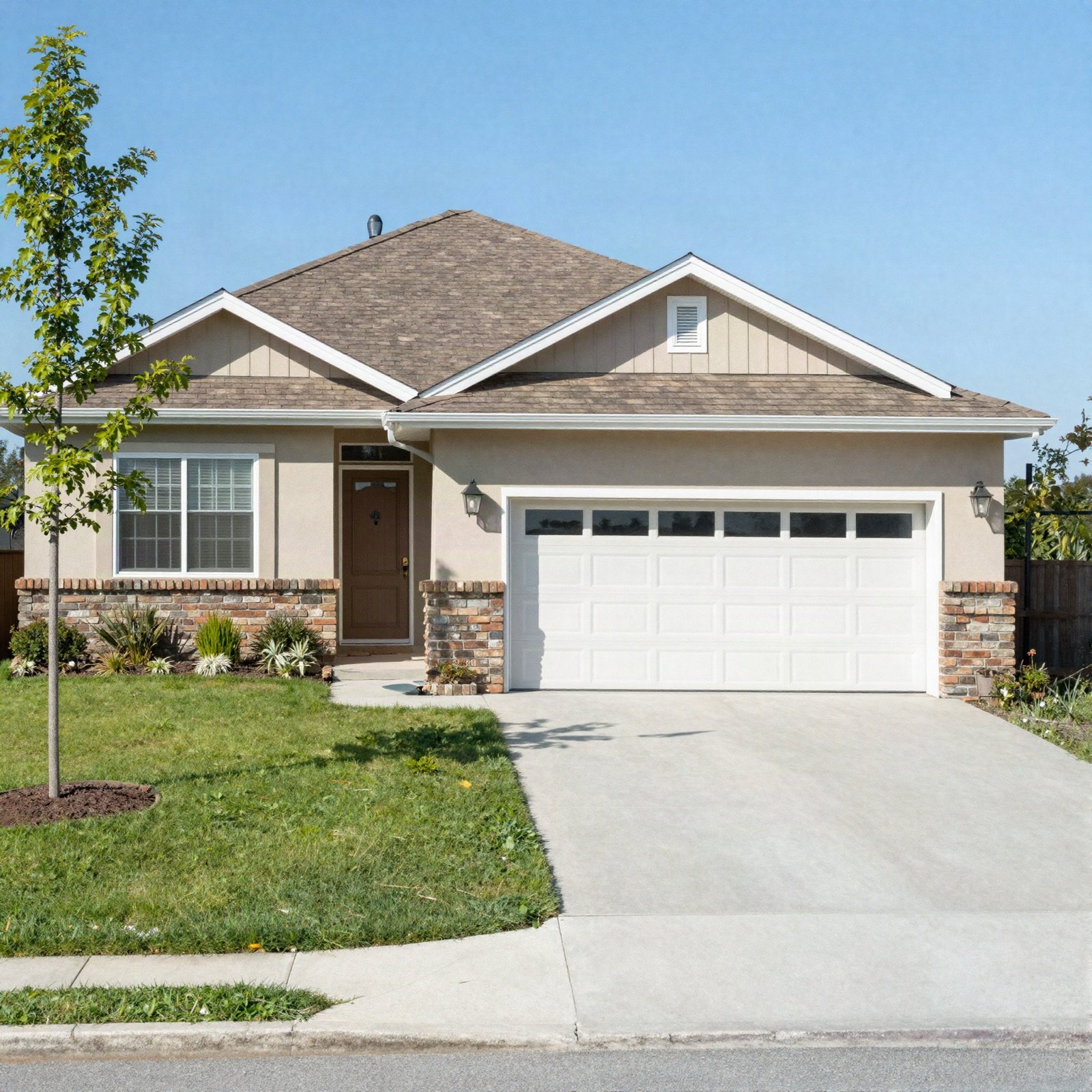 A suburban single-family house with a garage and front lawn