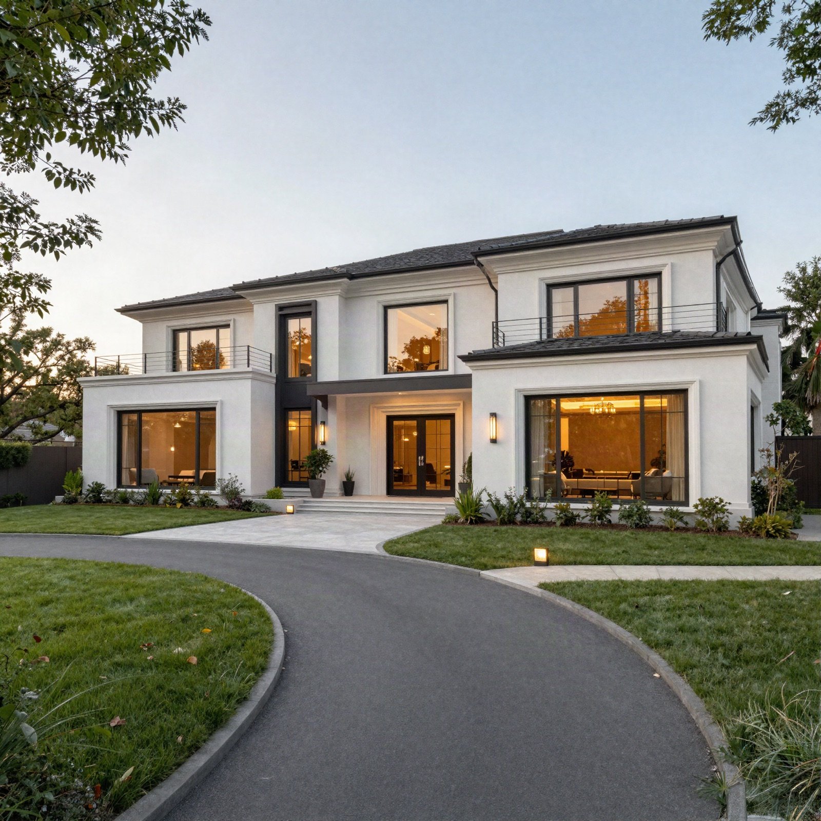 Modern luxury estate house with a long driveway at golden hour