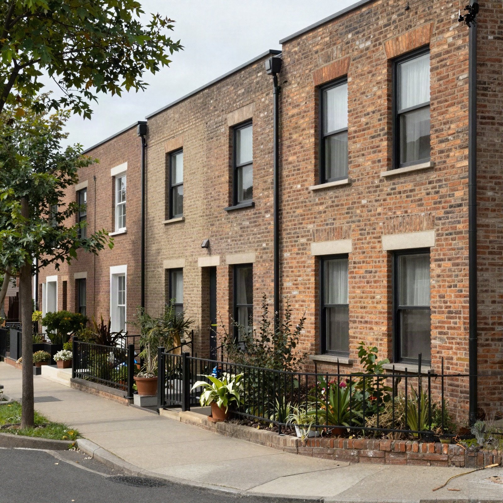 Row of brick townhouses on a tree-lined street