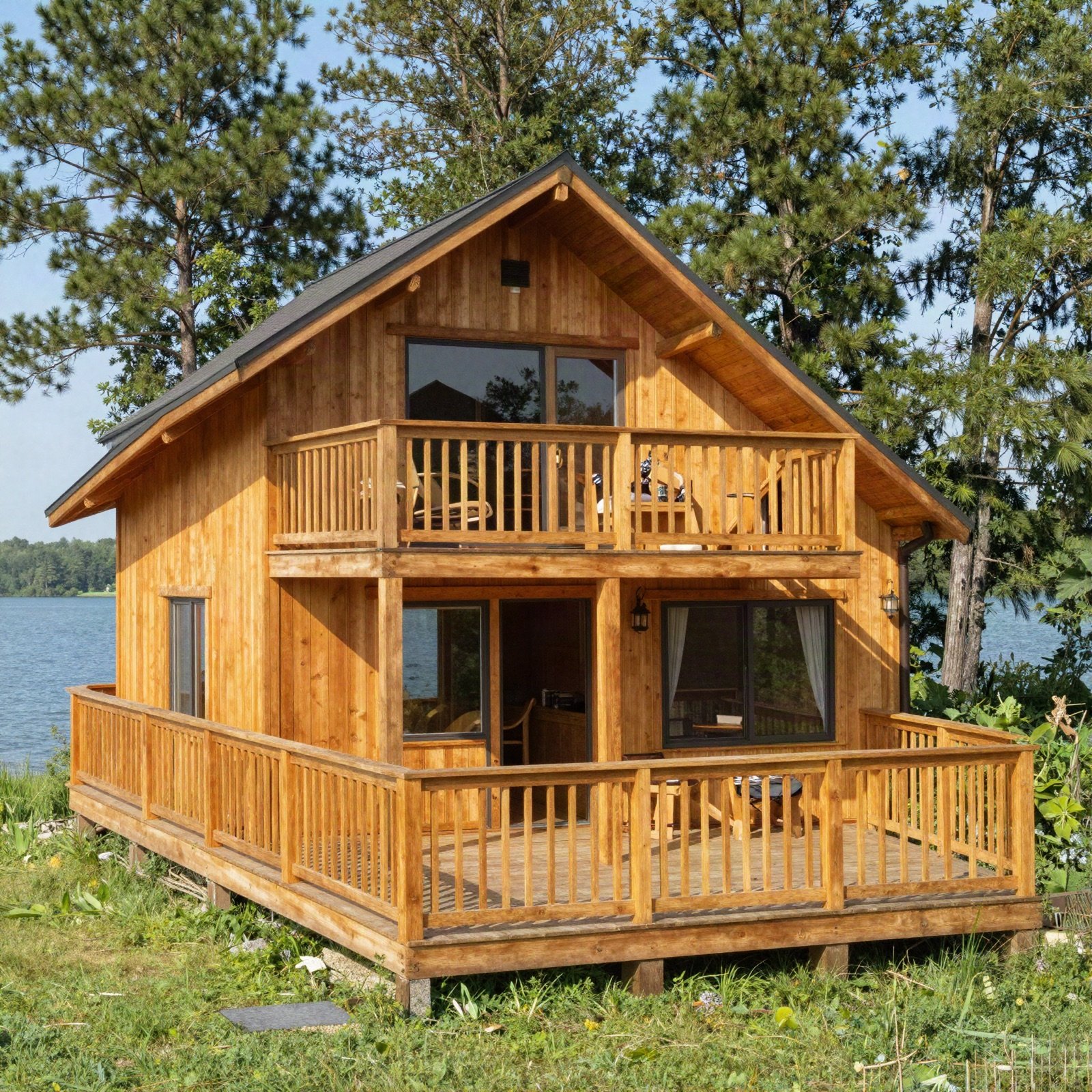 Wooden vacation home with a deck overlooking a lake
