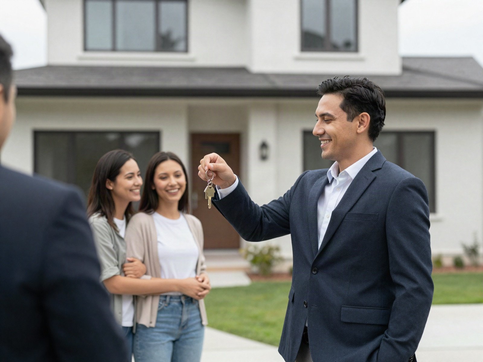 An agent handing house keys to a happy couple outside a home