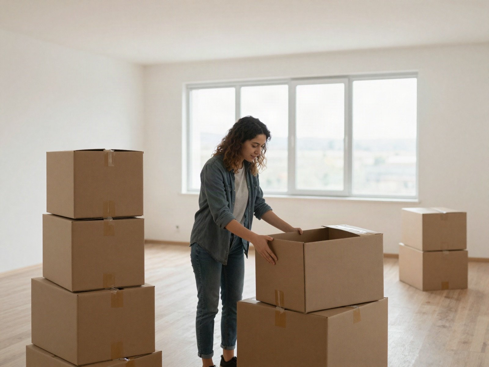 A woman unpacking boxes in a bright rental apartment