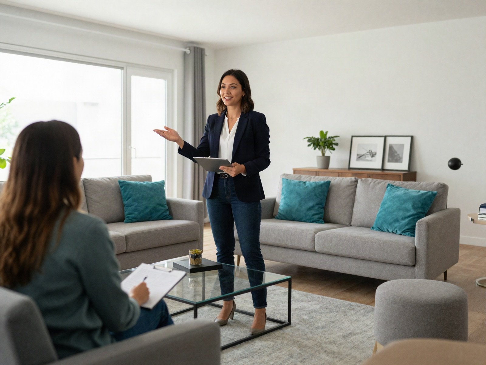 An agent showing a modern living room to a client