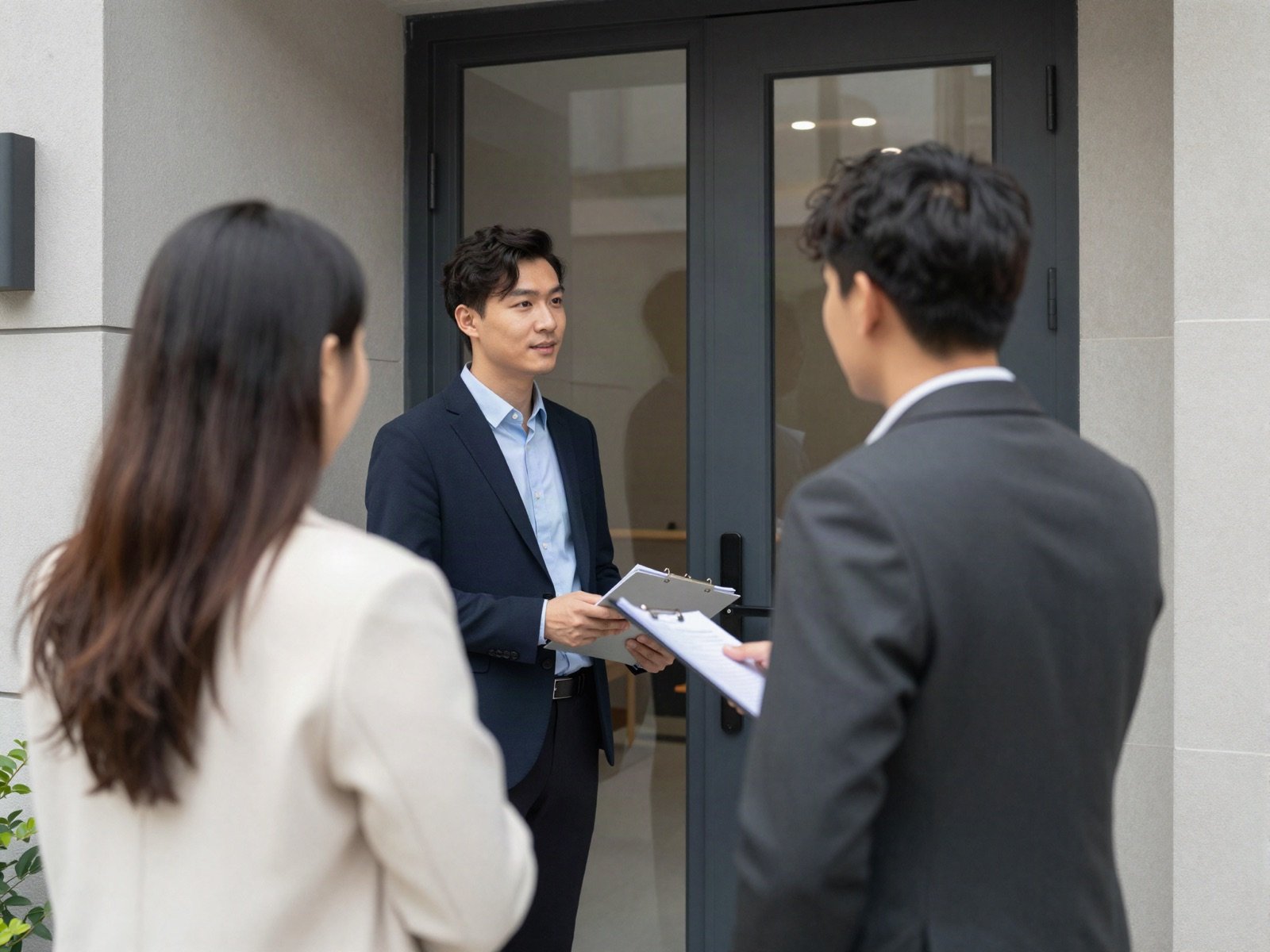 A property manager meeting a tenant at an apartment entrance