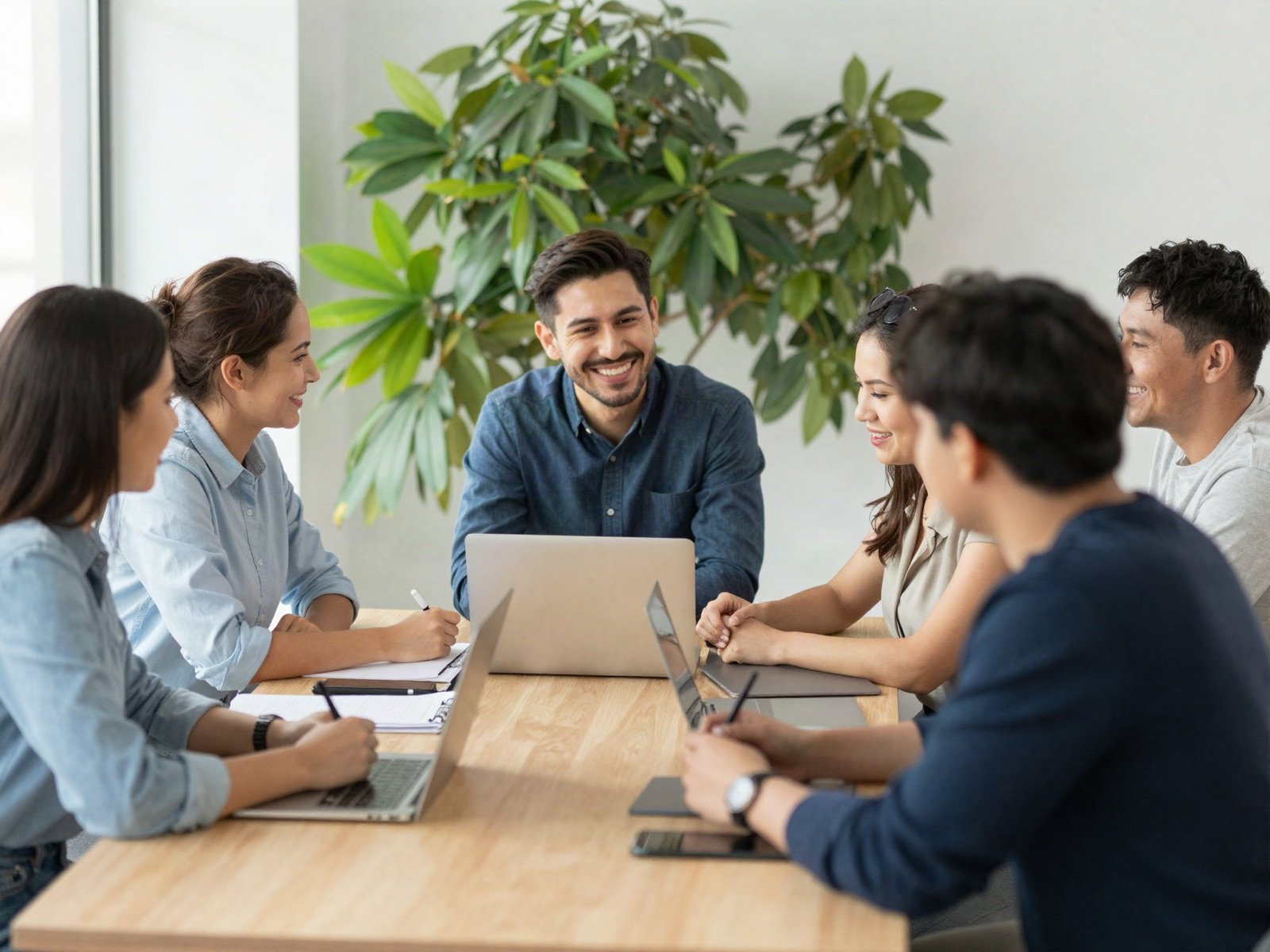The real estate team meeting around a table in a bright office