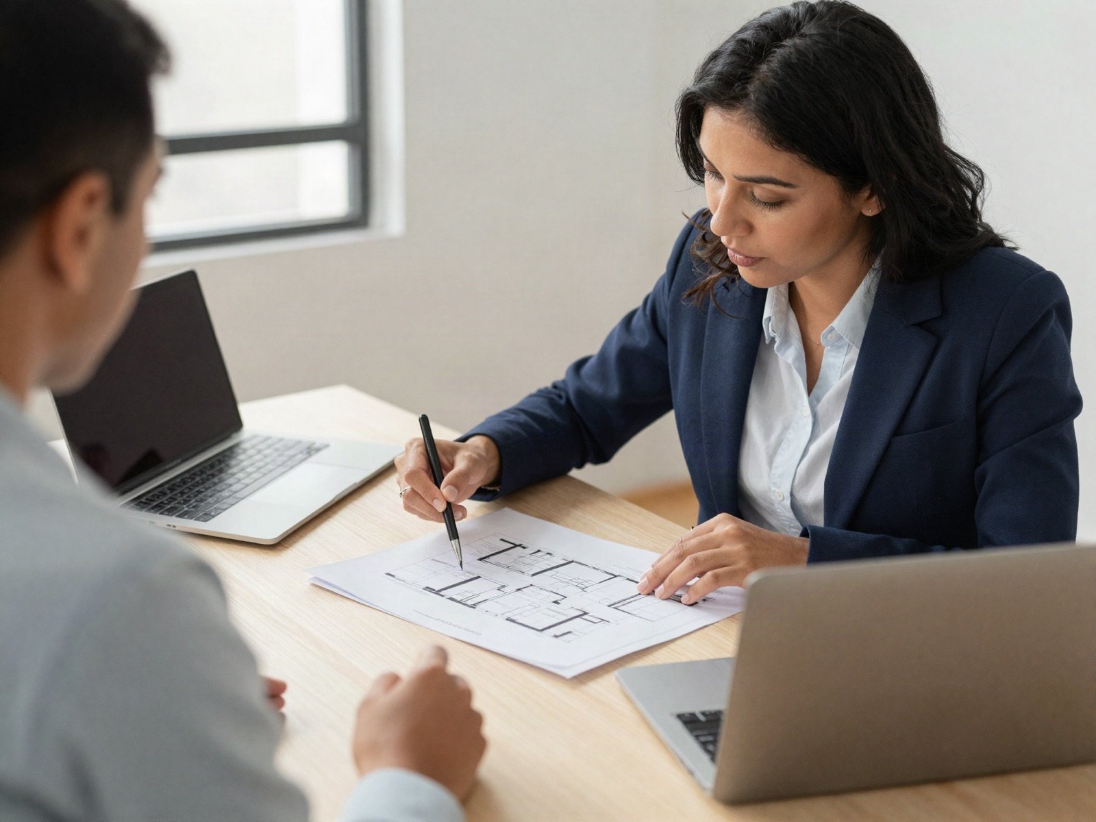 A consultant marking up a floor plan with a client at an office table