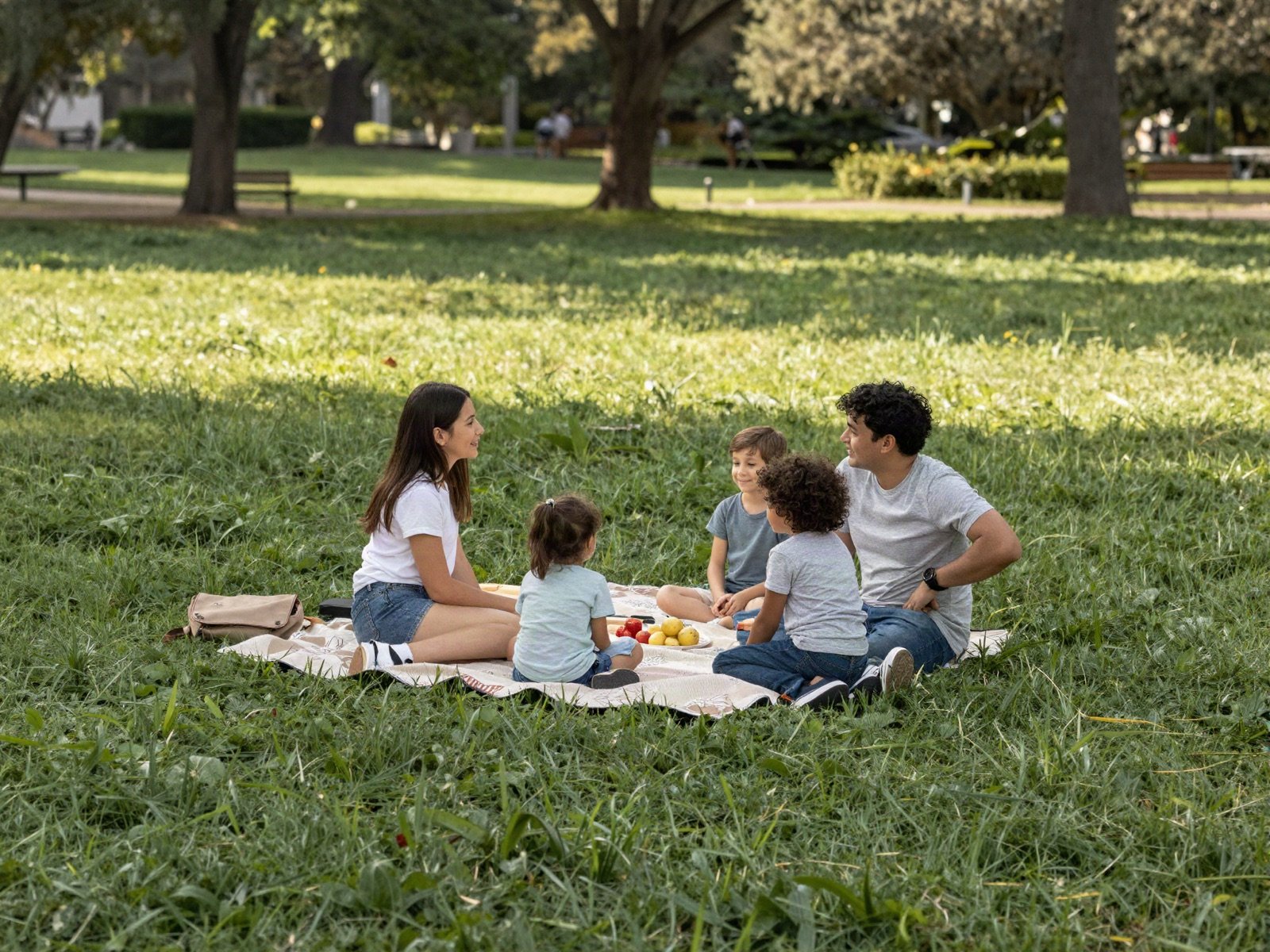 A family having a picnic on a blanket in a green park