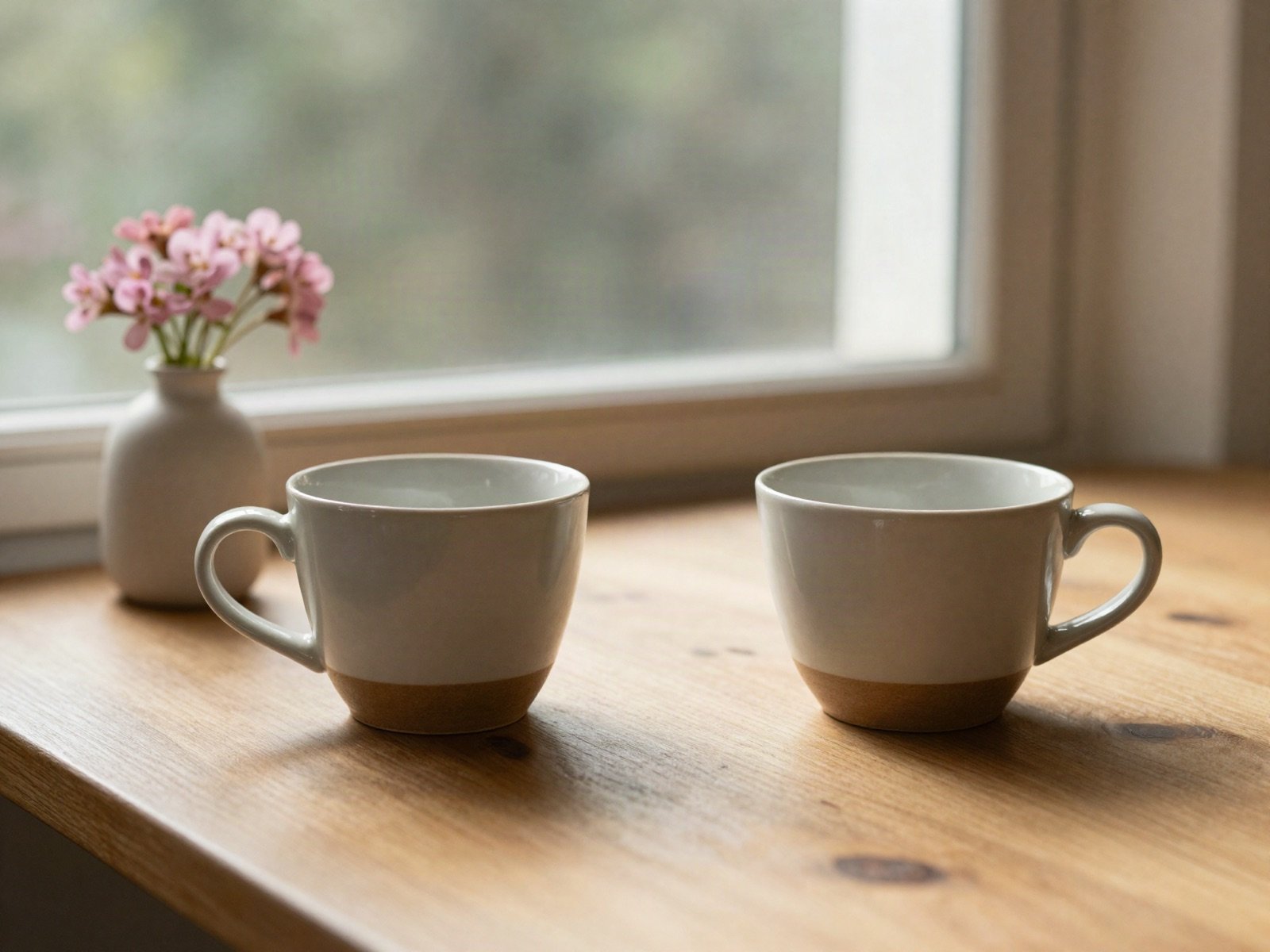 Two coffee cups side by side on a wooden table by a window