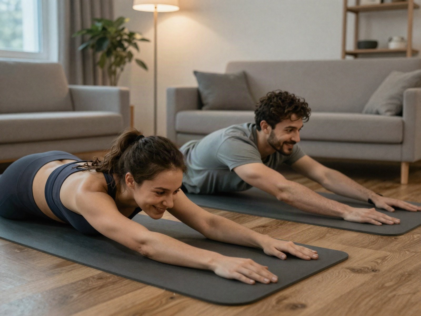 A smiling couple stretching on yoga mats in their living room
