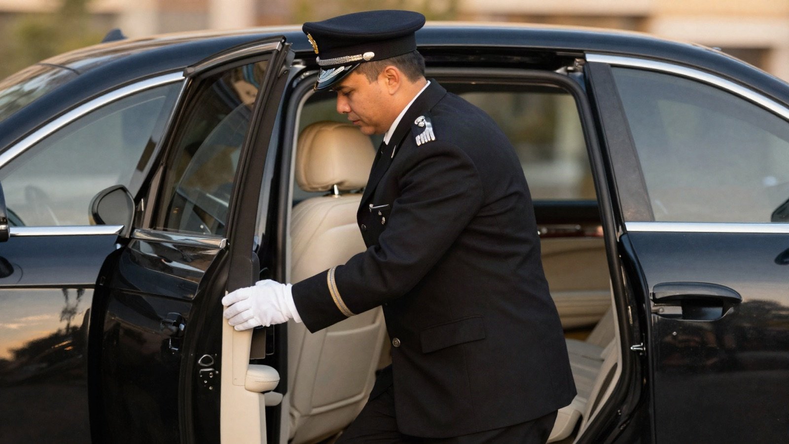 A uniformed chauffeur in white gloves opening the rear door of a black car