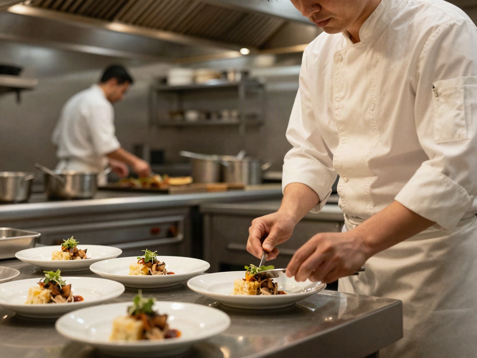A chef plating dishes at the pass of an open restaurant kitchen