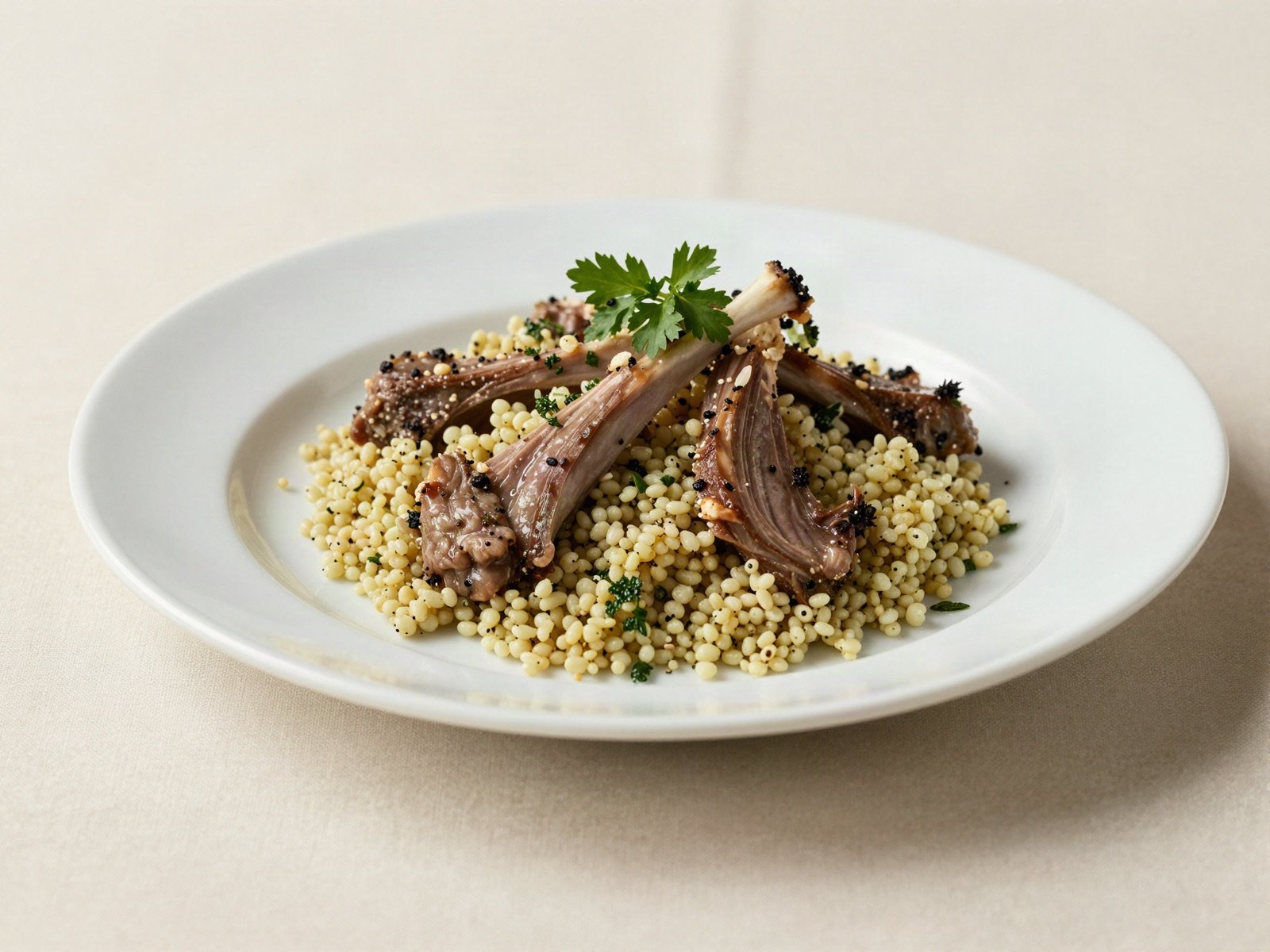 Lamb with fregola and fresh parsley on a white plate