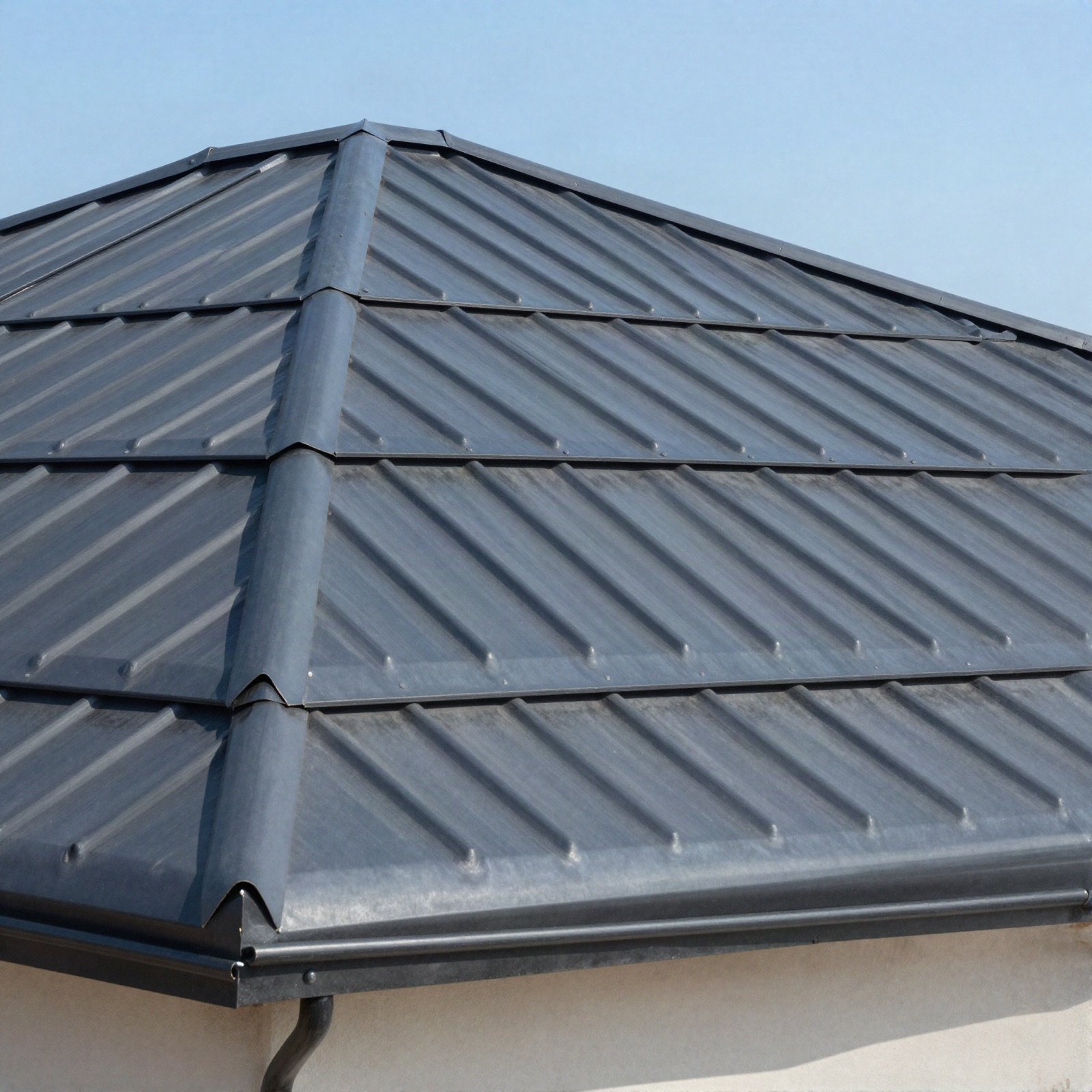 A new dark grey standing seam metal roof against a blue sky