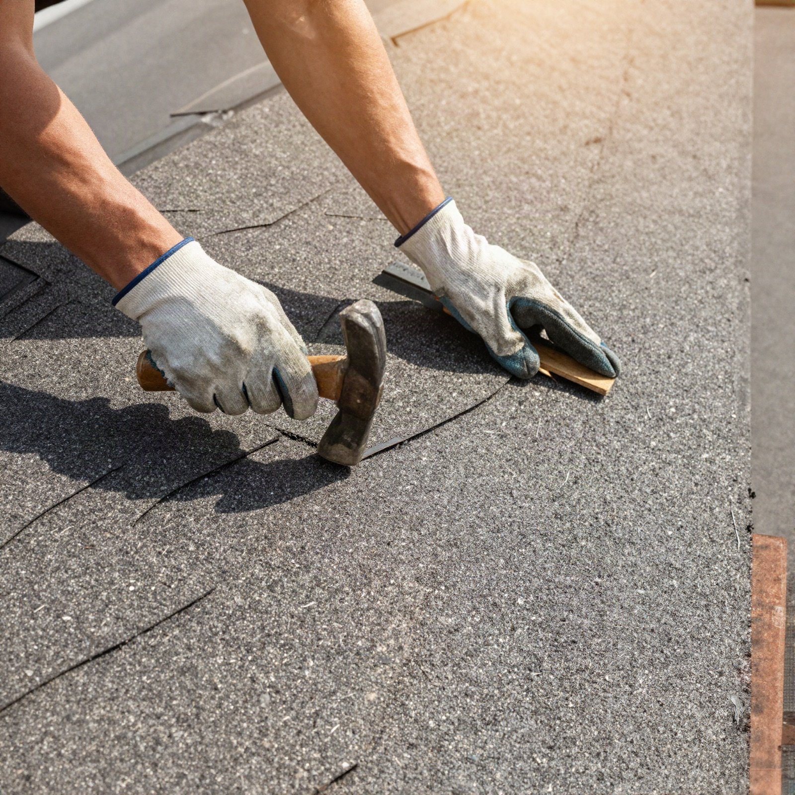 Gloved hands hammering new asphalt shingles