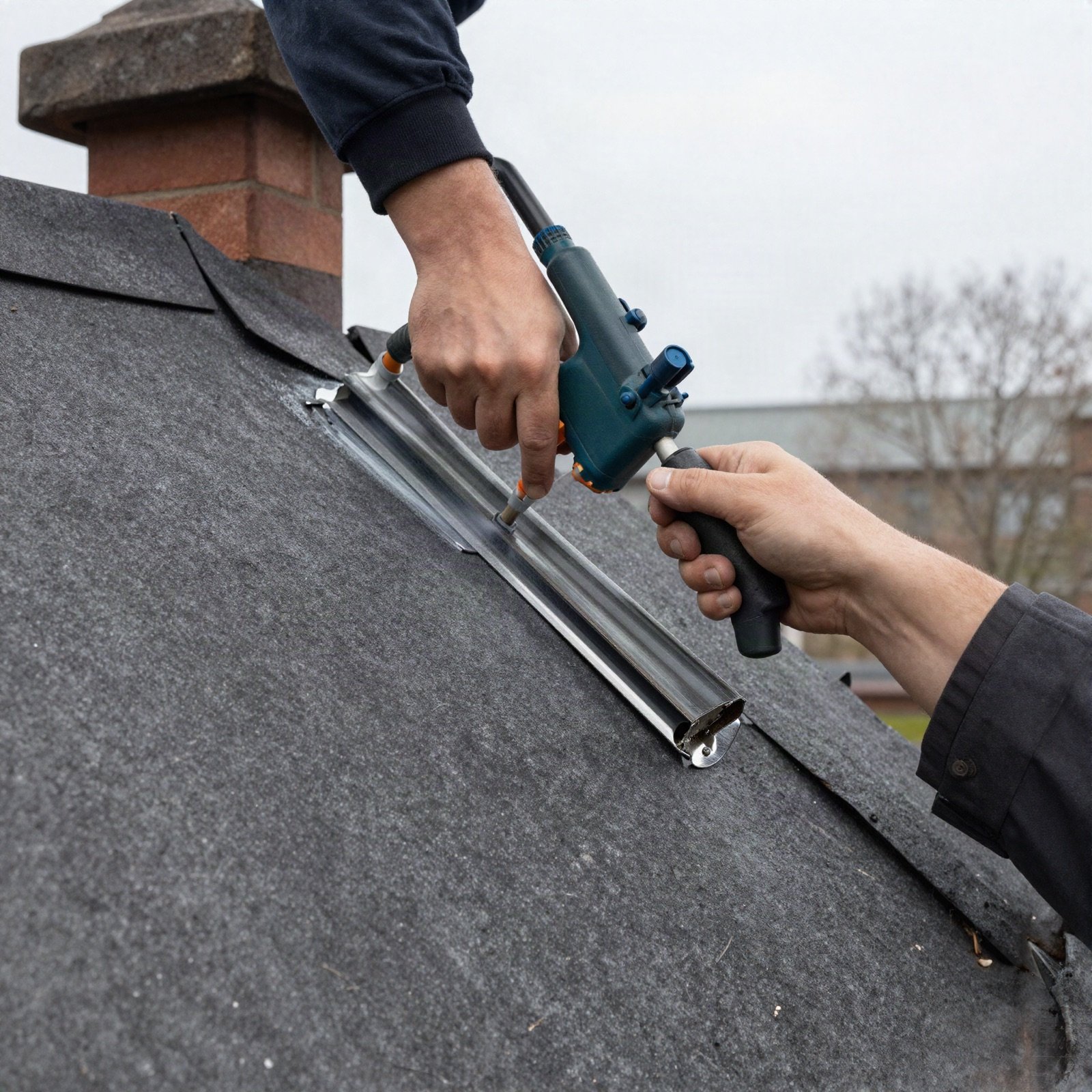 A worker sealing metal flashing on a roof next to a brick chimney