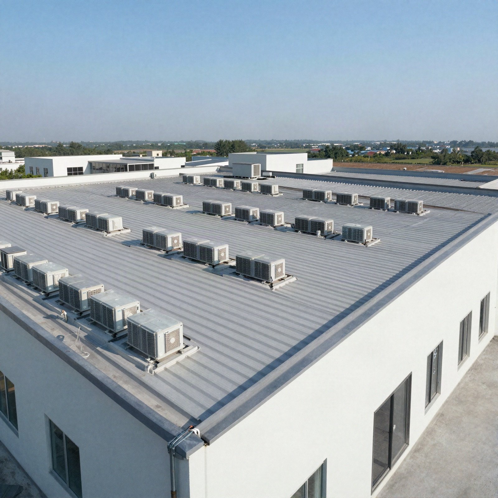 A new flat membrane roof with rooftop units on a low-rise commercial building
