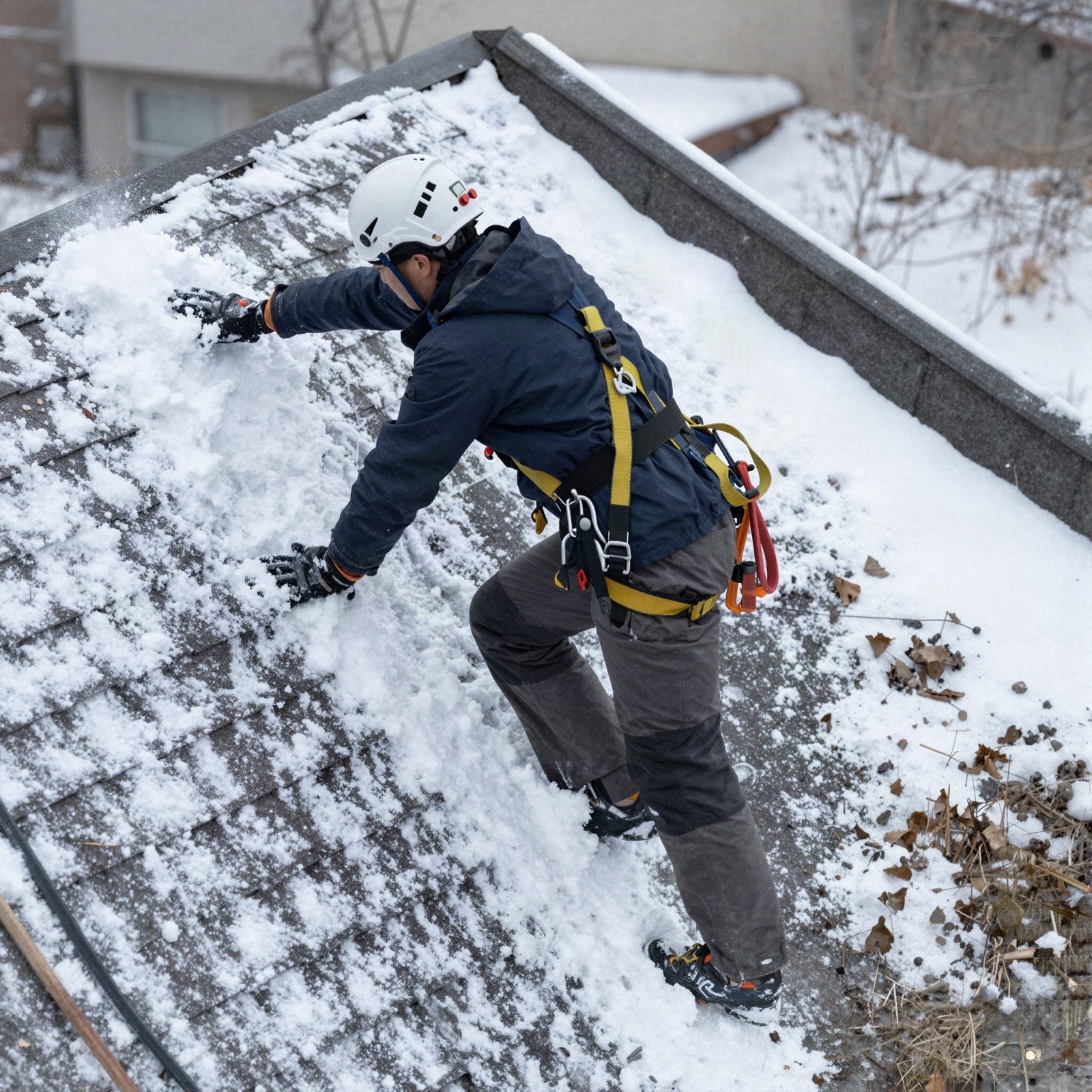 A roofer in a safety harness clearing snow from a shingle roof