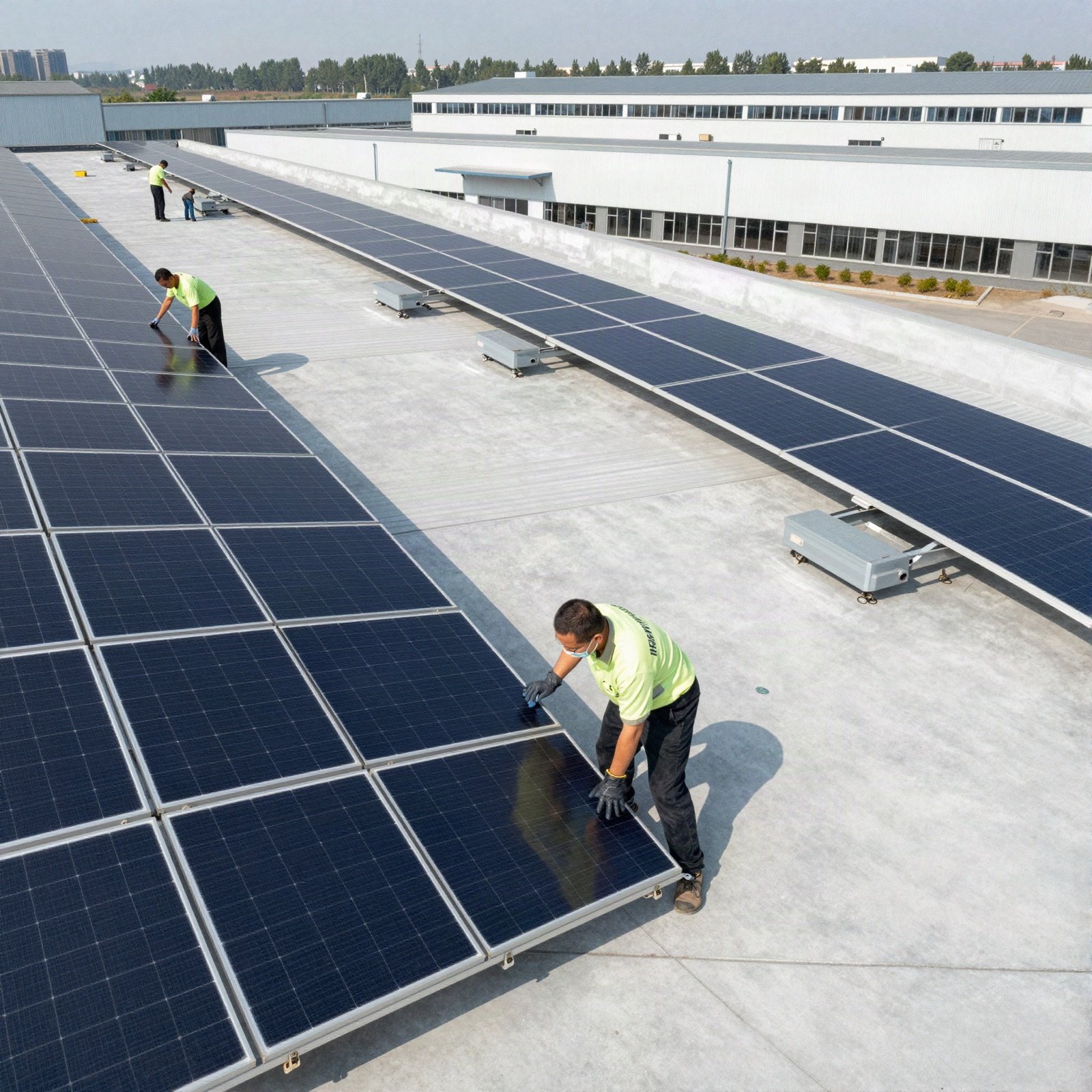 Workers installing solar panels across a large commercial flat roof
