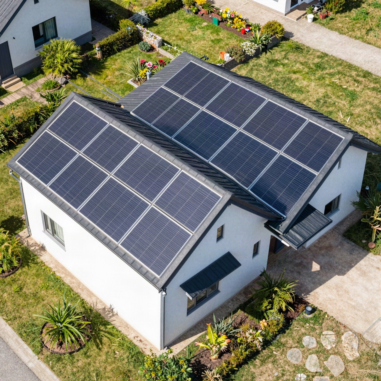 An aerial view of a family house with solar panels on its pitched roof