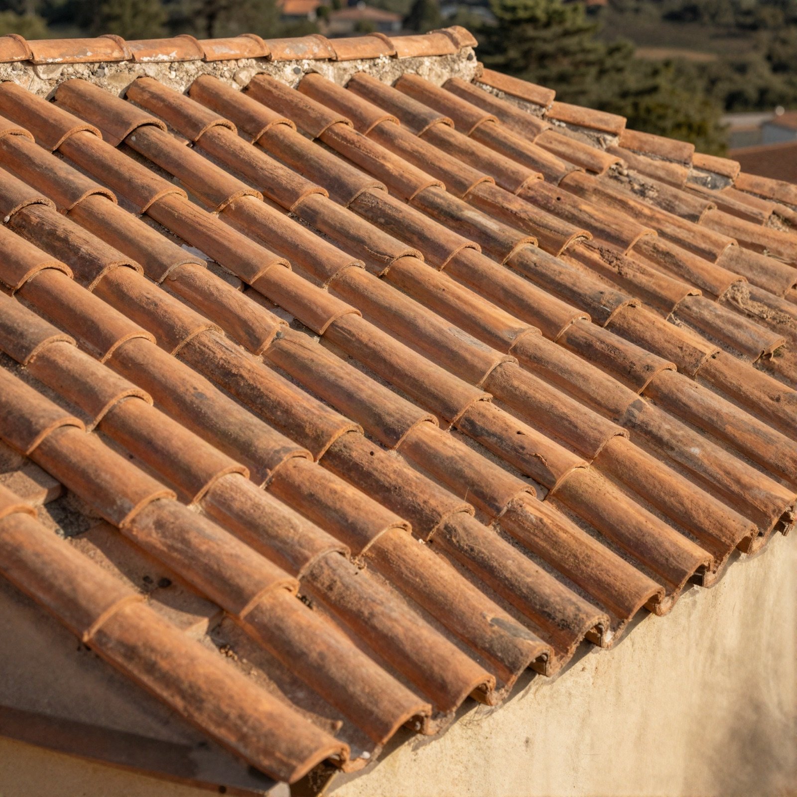 A traditional terracotta clay tile roof on a country house