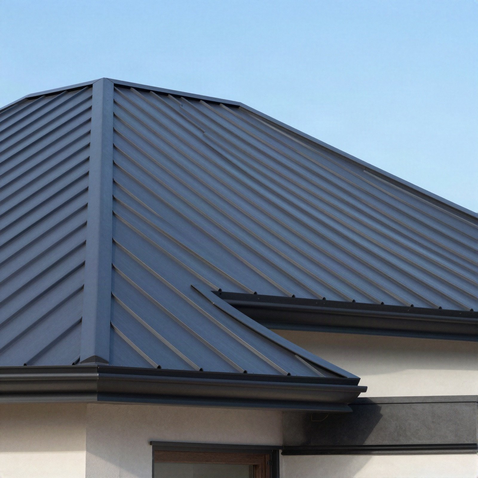 A modern house with a dark standing seam metal roof