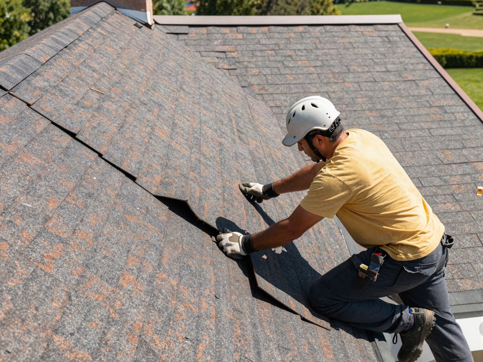 A roofer removing old shingles during a roof replacement