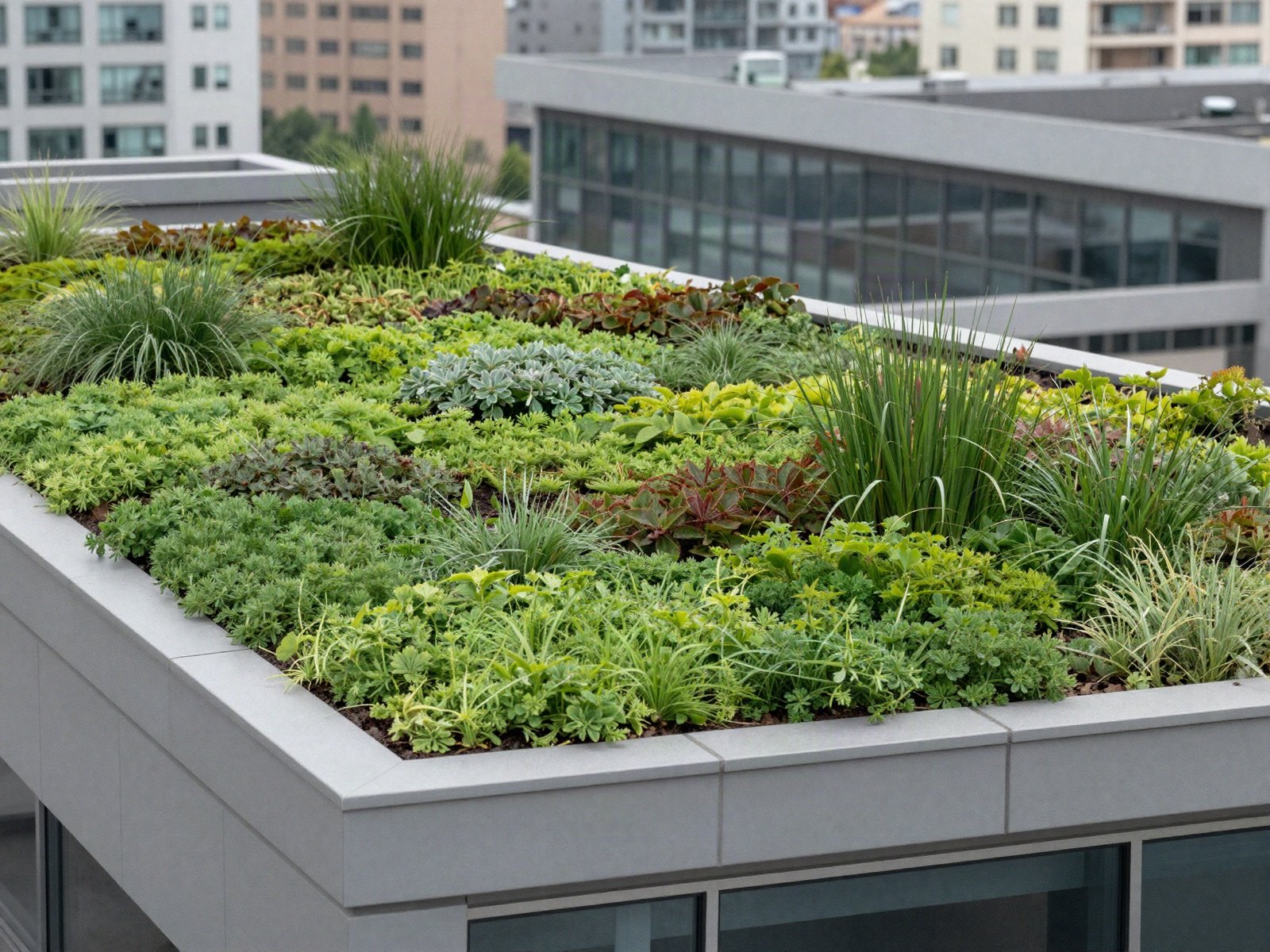 A green living roof planted with sedum and grasses on a modern building